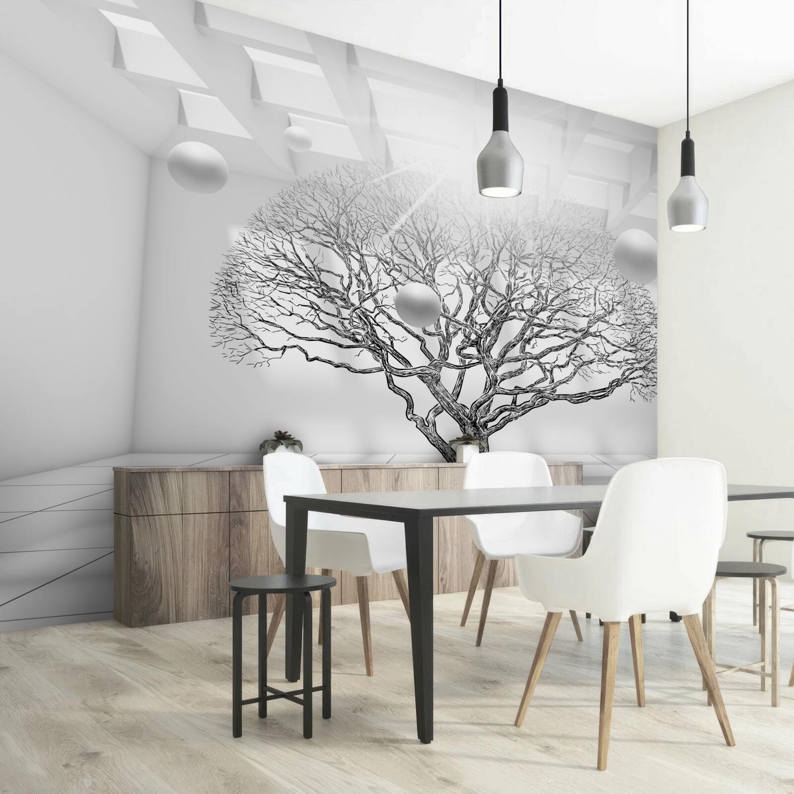 Papier peint arbre sans feuilles au centre d'un espace lumineux