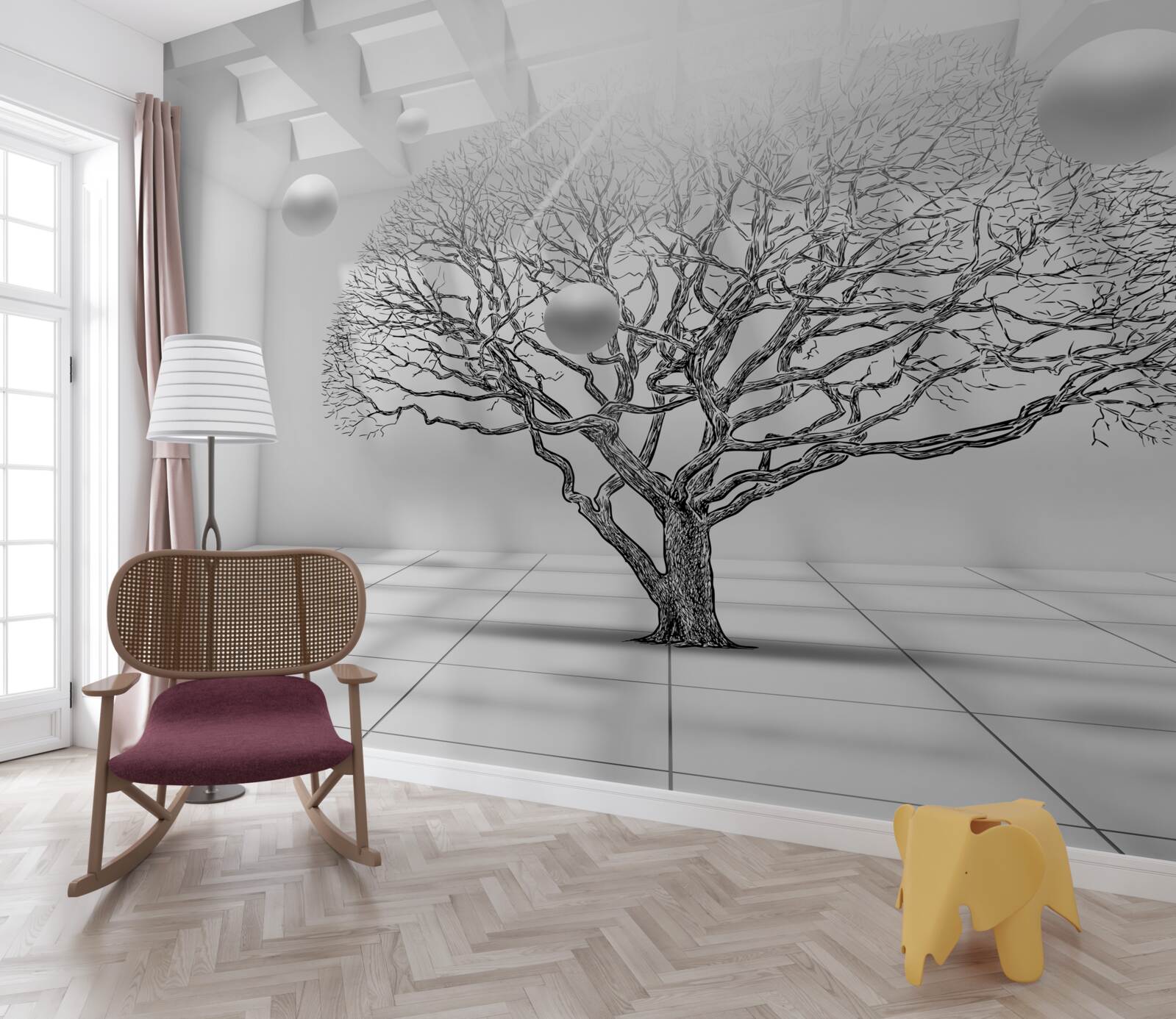 Papier peint arbre sans feuilles au centre d'un espace lumineux