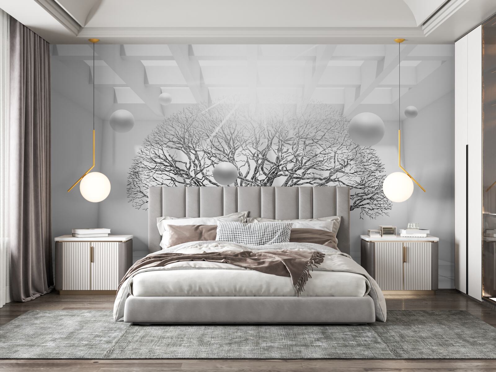 Papier peint arbre sans feuilles au centre d'un espace lumineux