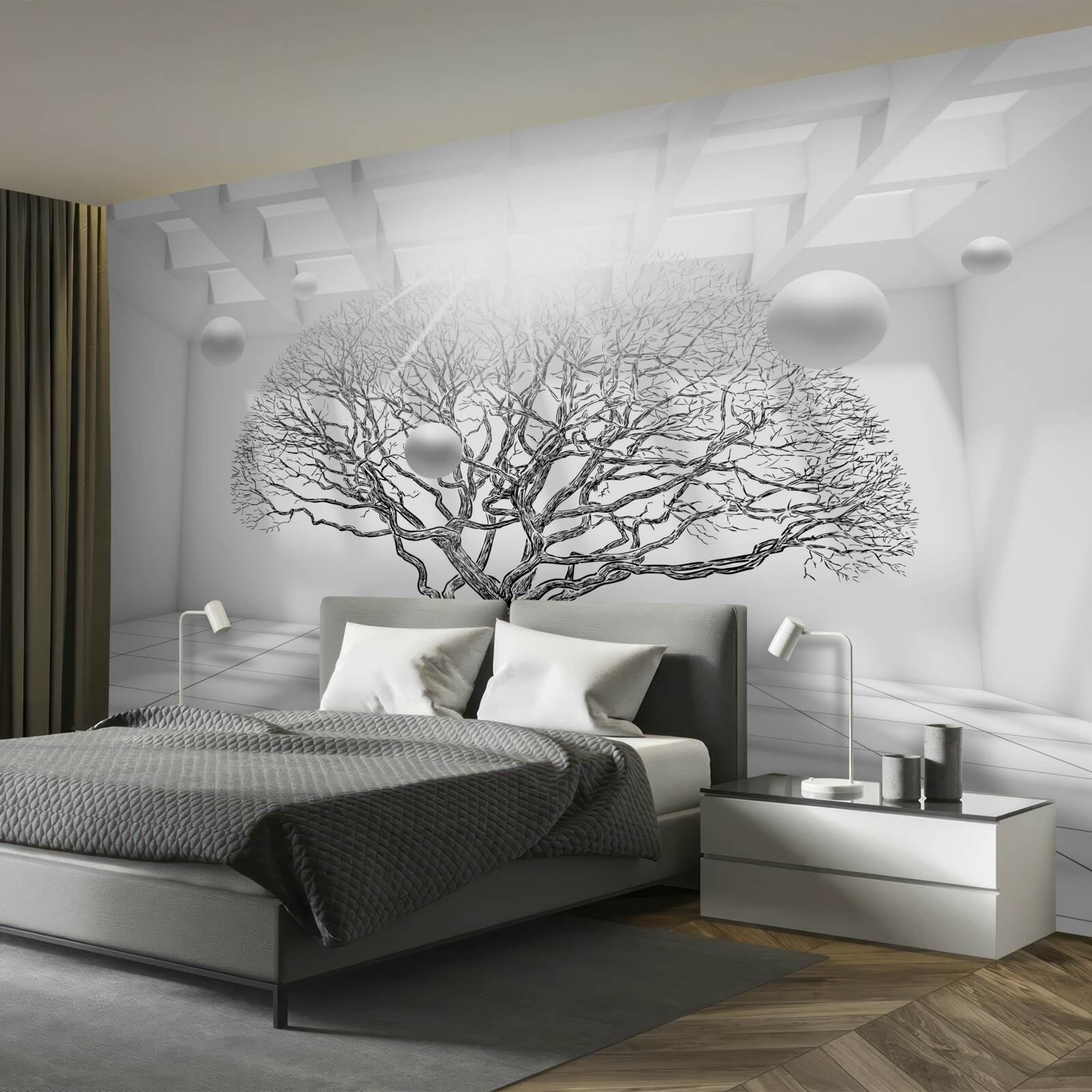 Papier peint arbre sans feuilles au centre d'un espace lumineux