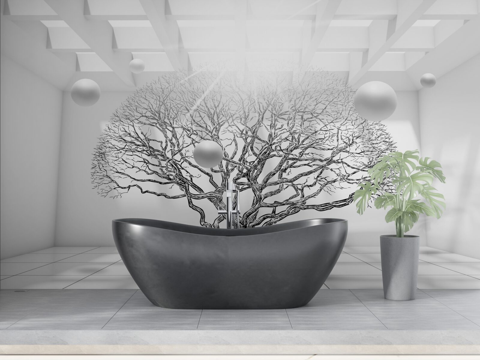 Papier peint arbre sans feuilles au centre d'un espace lumineux