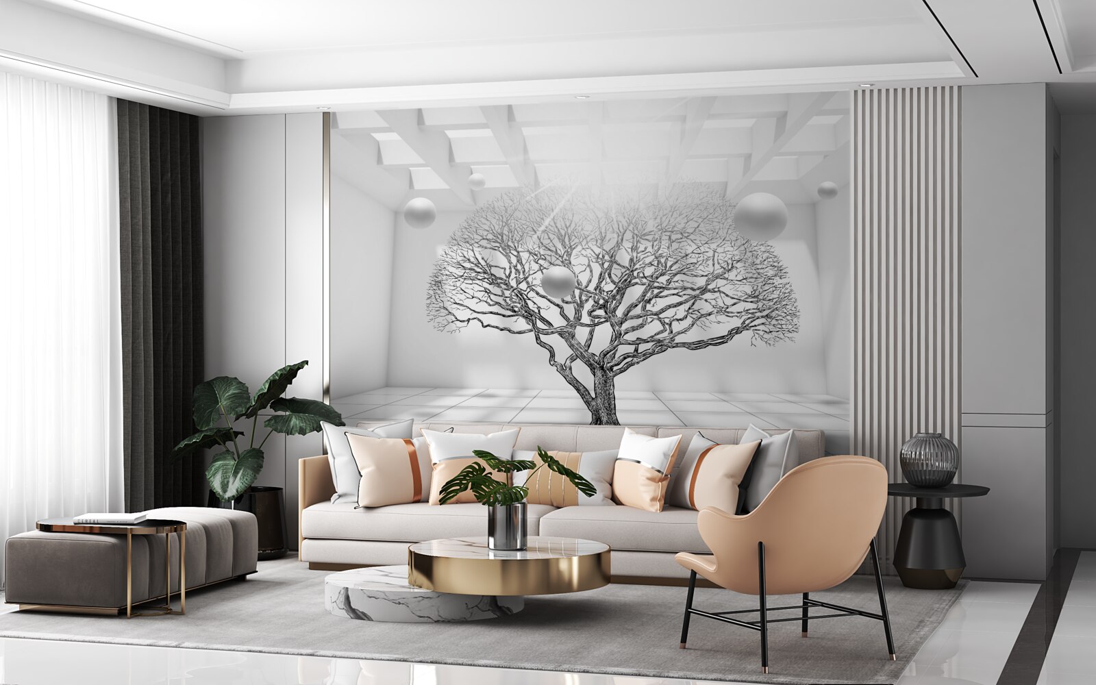 Papier peint arbre sans feuilles au centre d'un espace lumineux