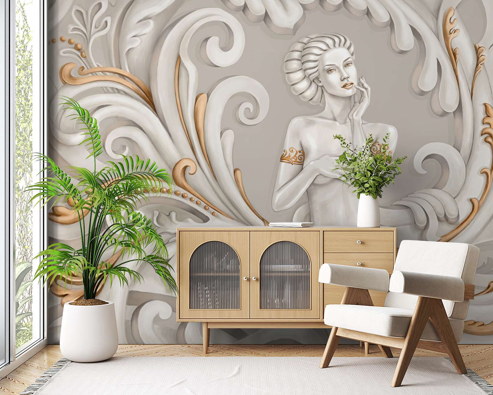 Papier peint femme non vêtue, à la peau blanche, avec des boucles blanches teintées de rose