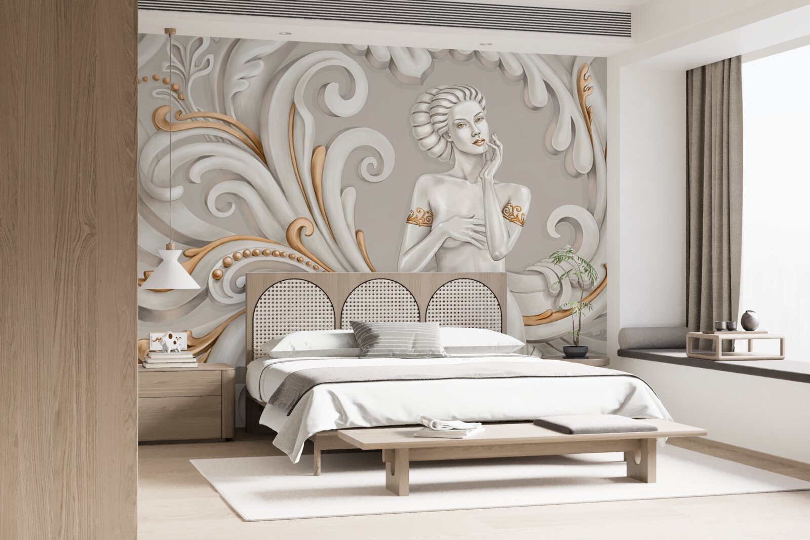 Papier peint femme non vêtue, à la peau blanche, avec des boucles blanches teintées de rose