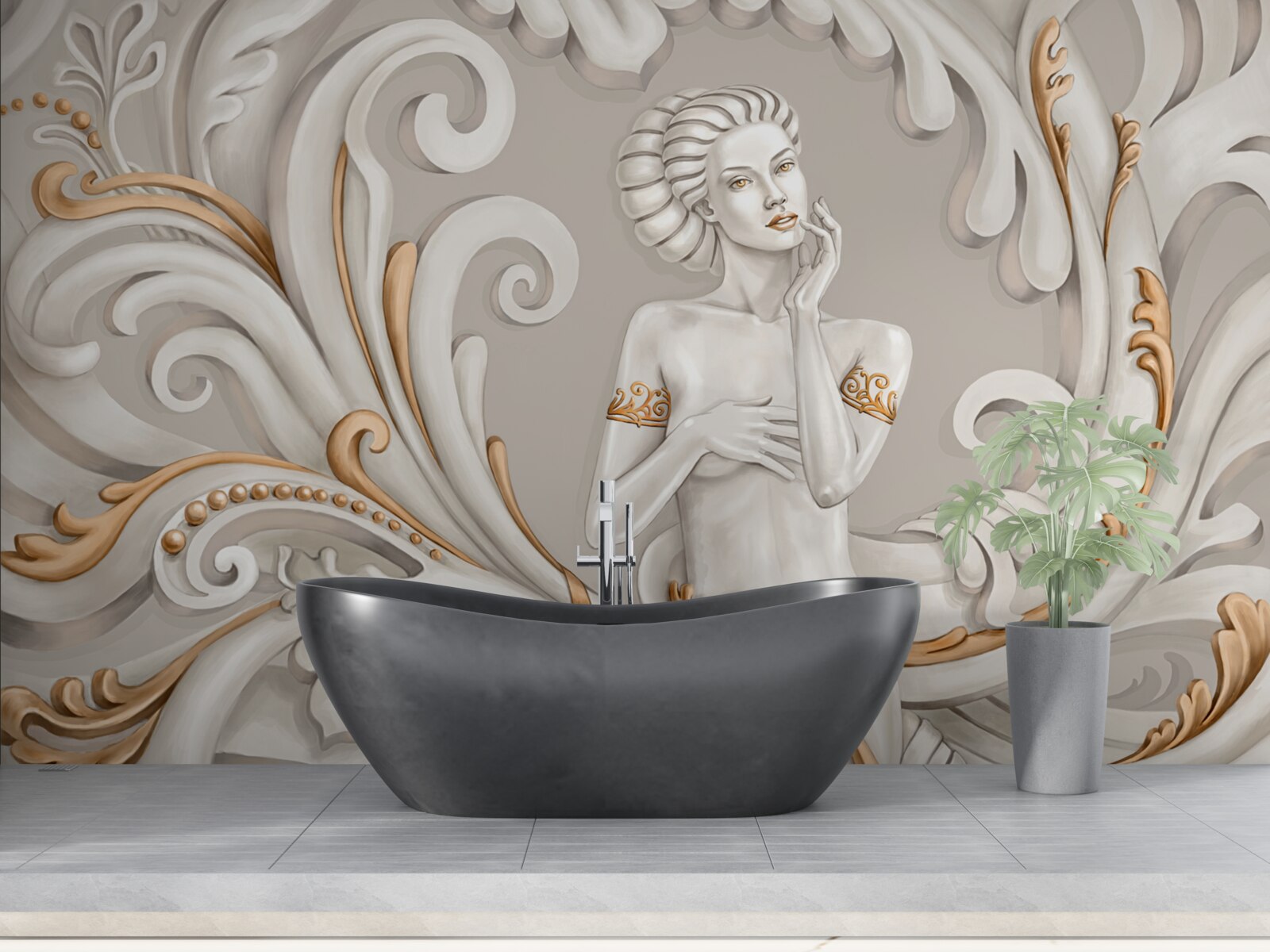 Papier peint femme non vêtue, à la peau blanche, avec des boucles blanches teintées de rose