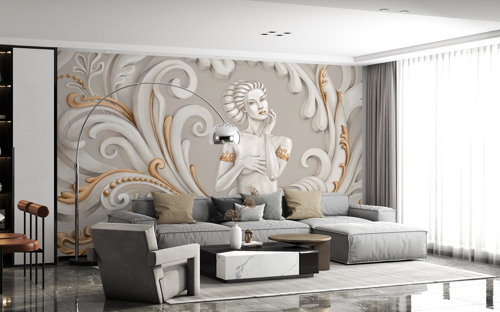 Papier peint femme non vêtue, à la peau blanche, avec des boucles blanches teintées de rose