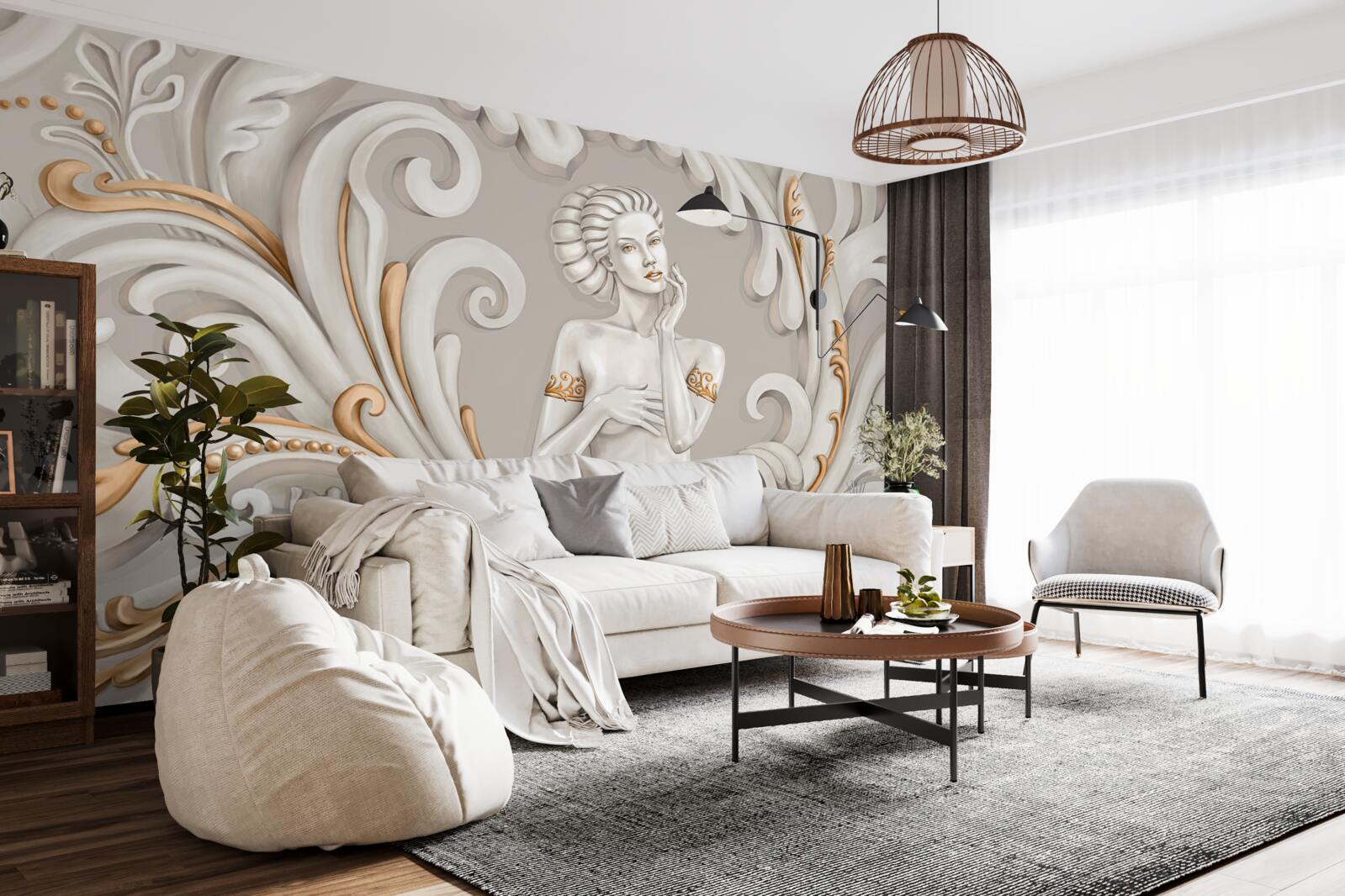 Papier peint femme non vêtue, à la peau blanche, avec des boucles blanches teintées de rose