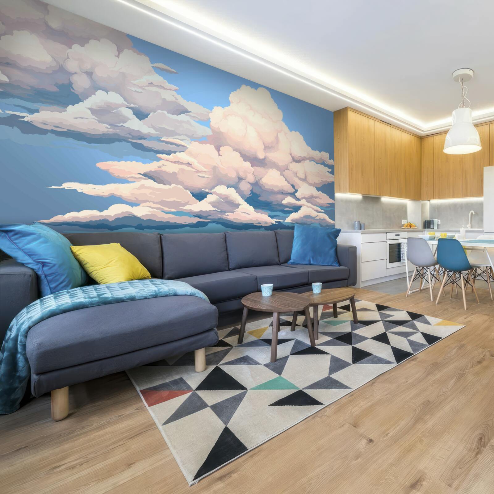 Papier peint nuages blancs cotonneux dessinés