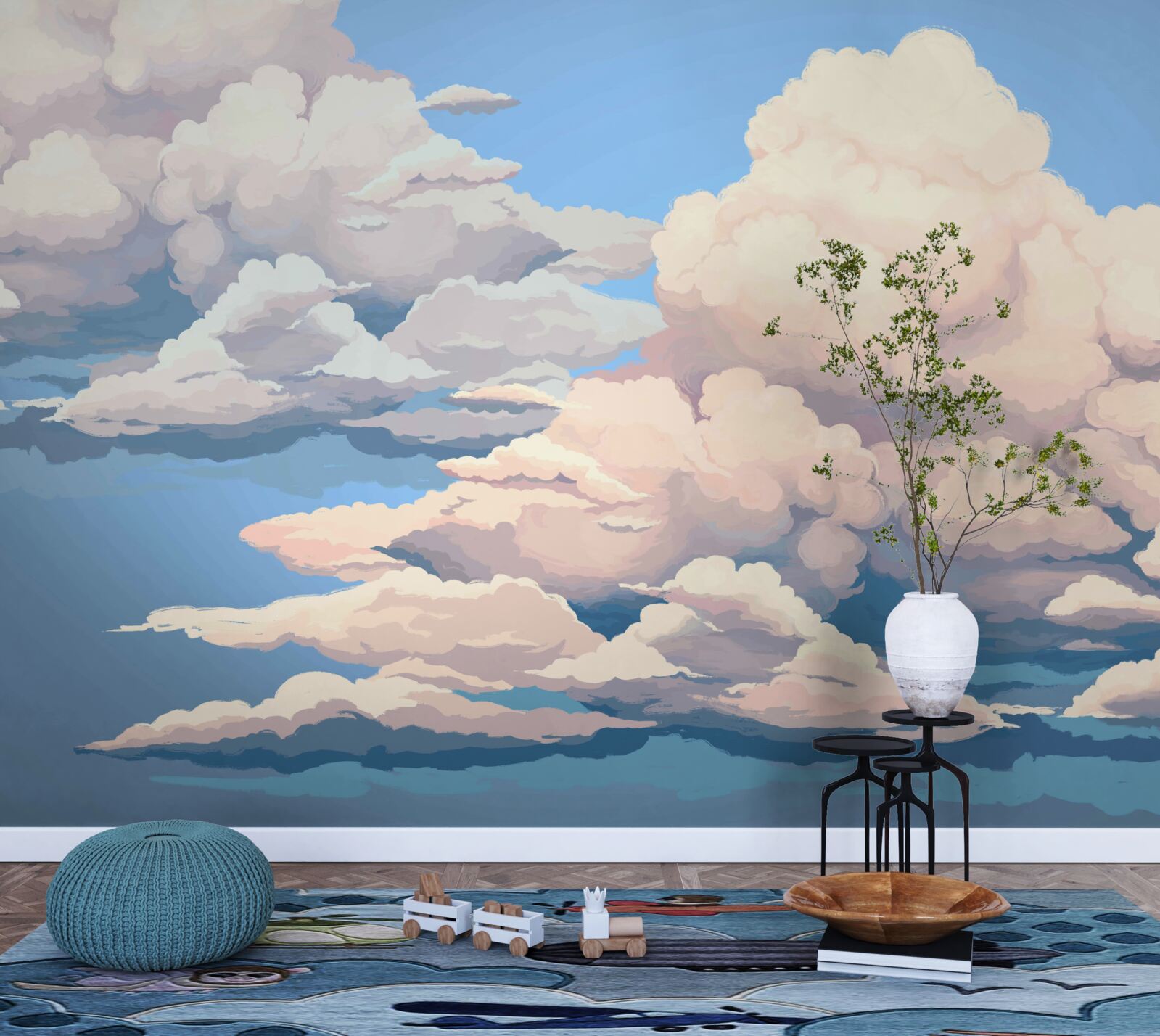 Papier peint nuages blancs cotonneux dessinés