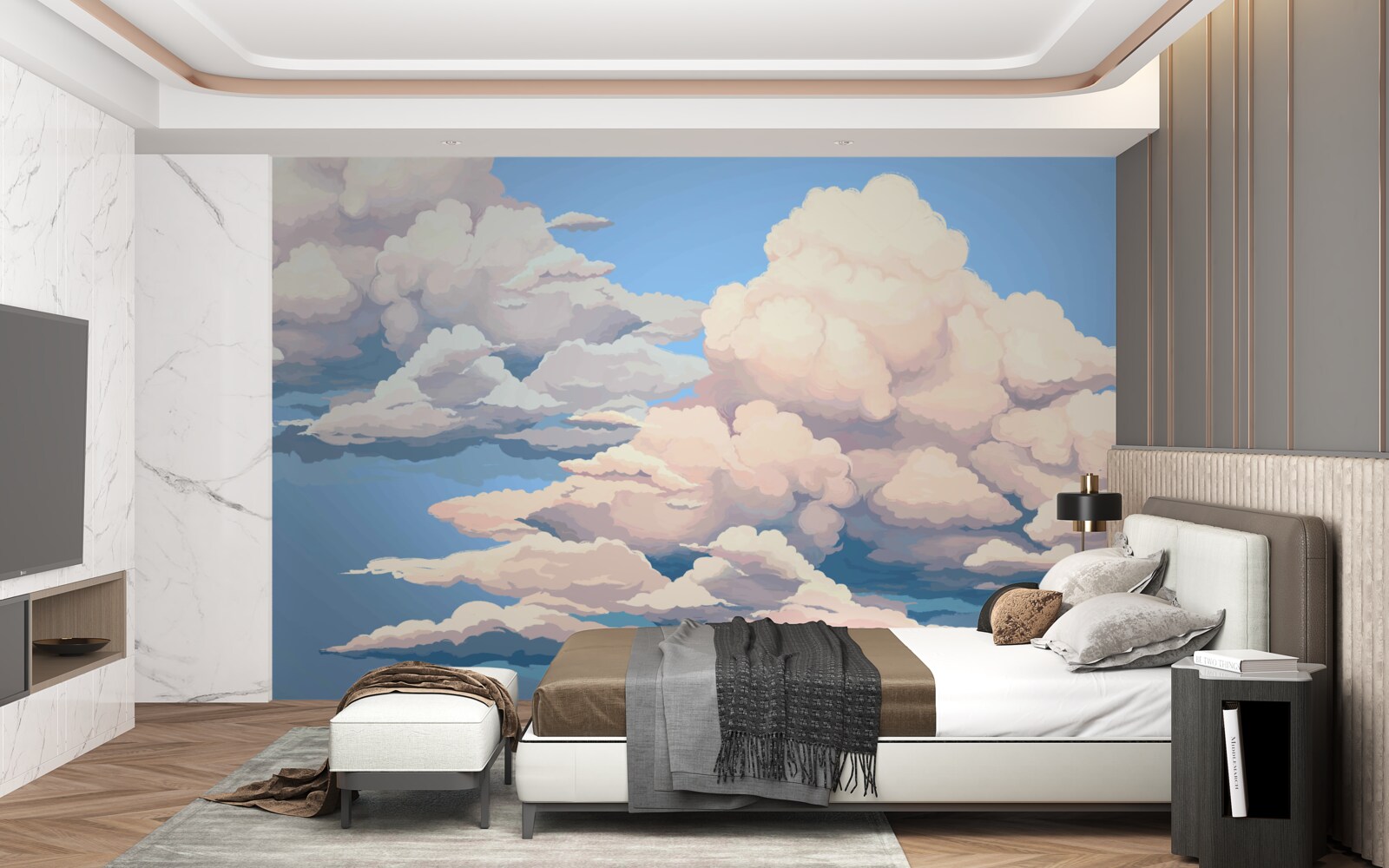 Papier peint nuages blancs cotonneux dessinés