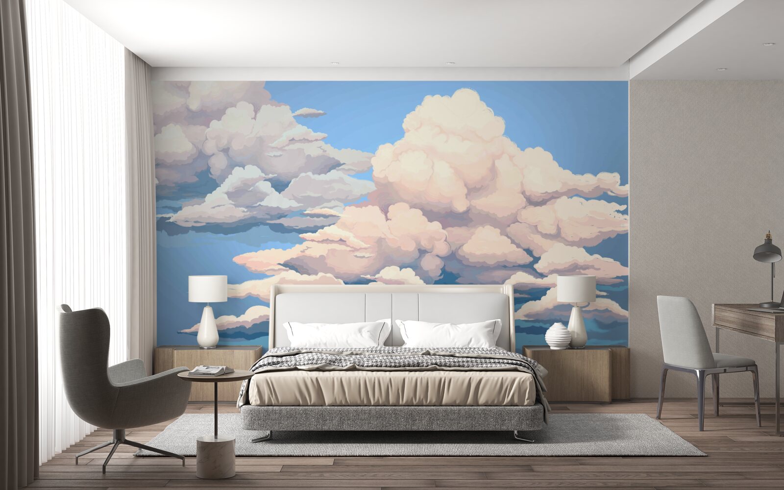 Papier peint nuages blancs cotonneux dessinés