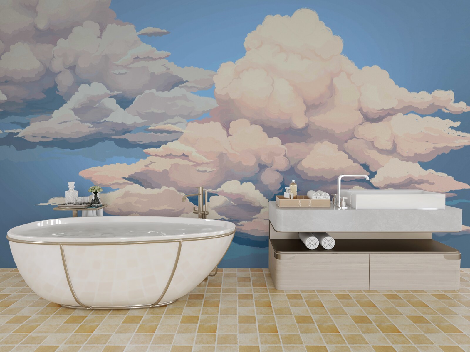 Papier peint nuages blancs cotonneux dessinés