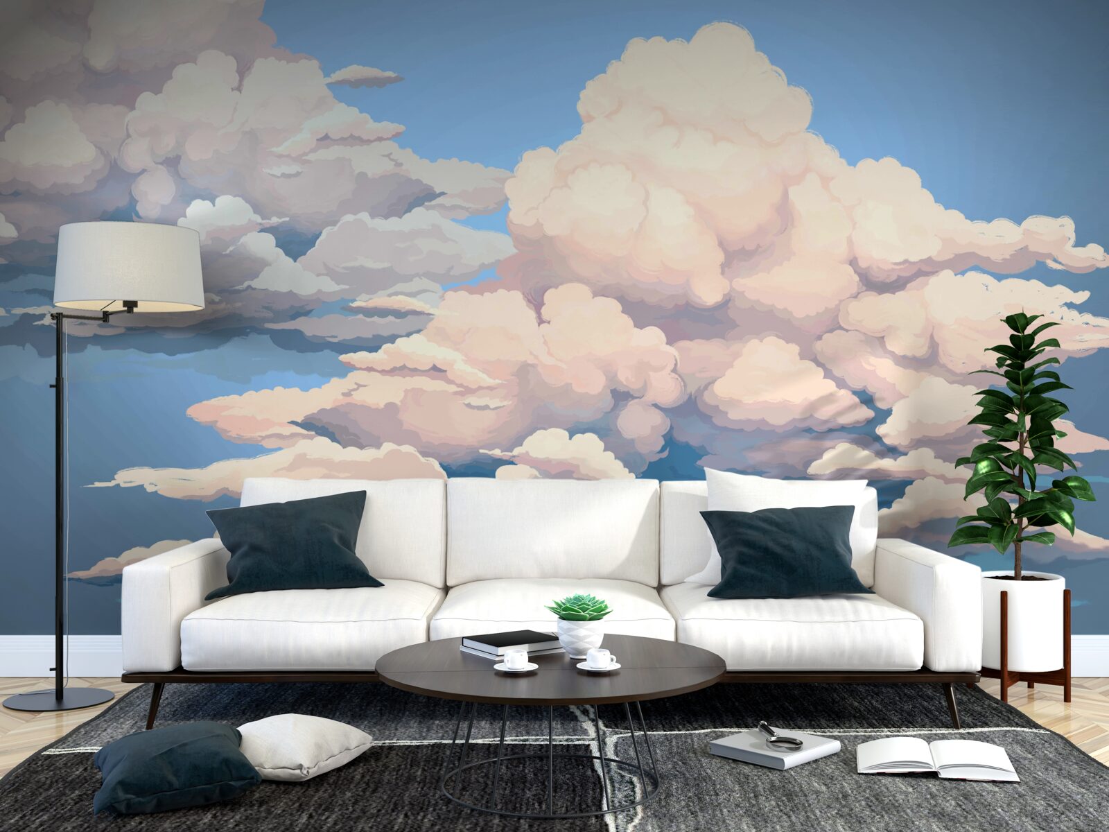 Papier peint nuages blancs cotonneux dessinés