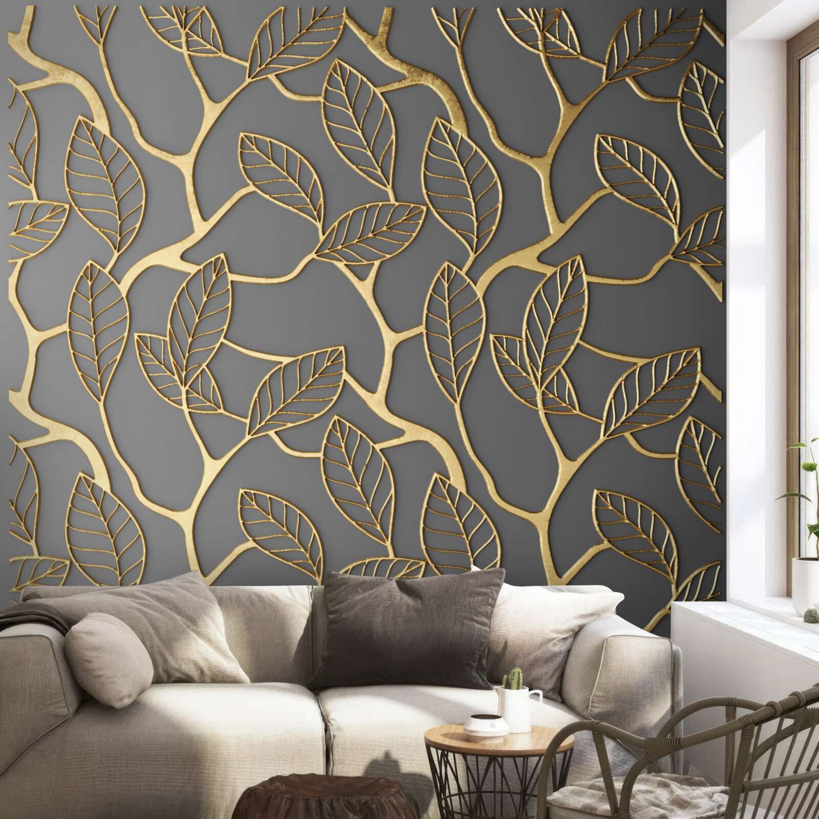 Papier peint des branches et des feuilles de couleur dorée