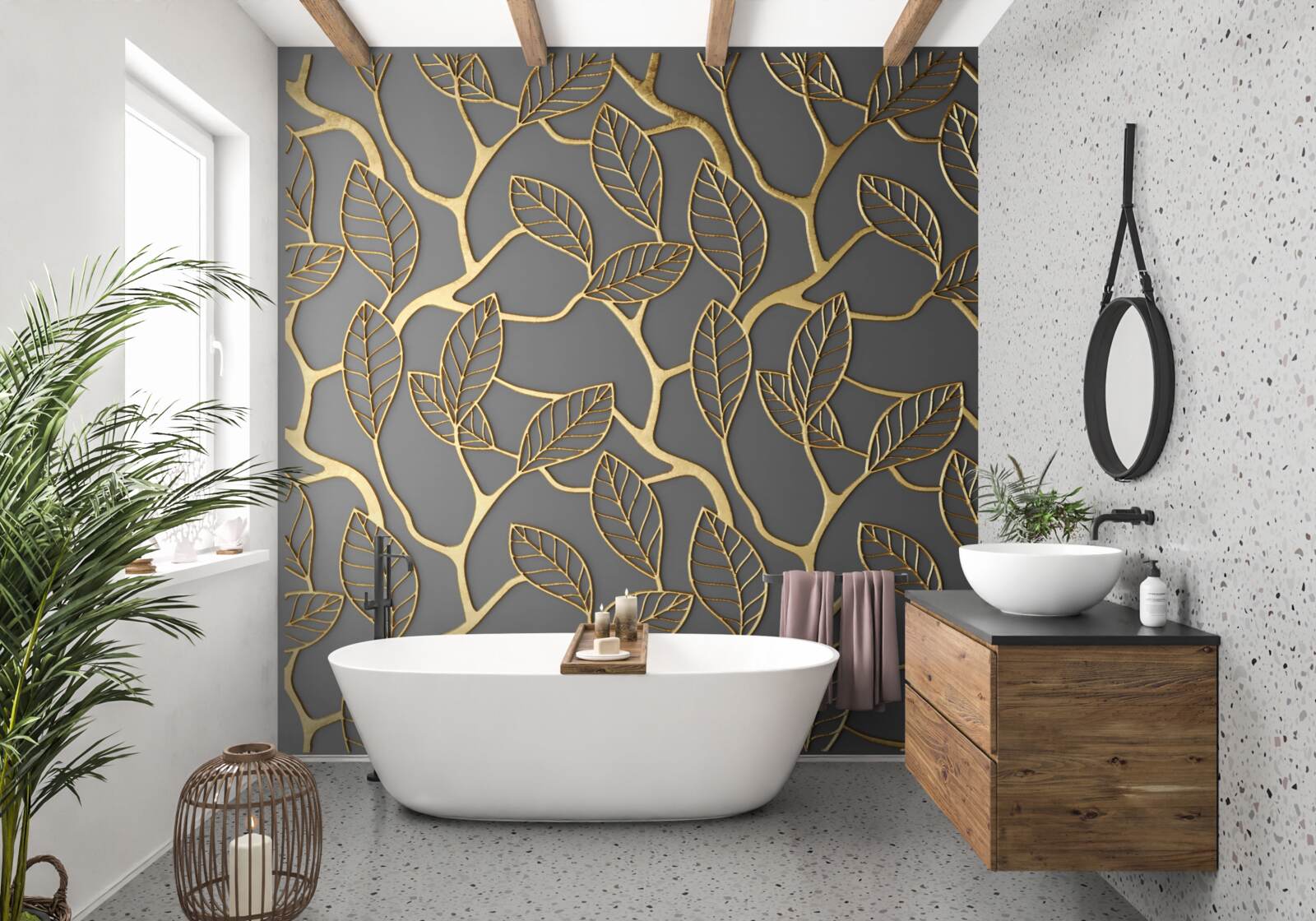 Papier peint des branches et des feuilles de couleur dorée