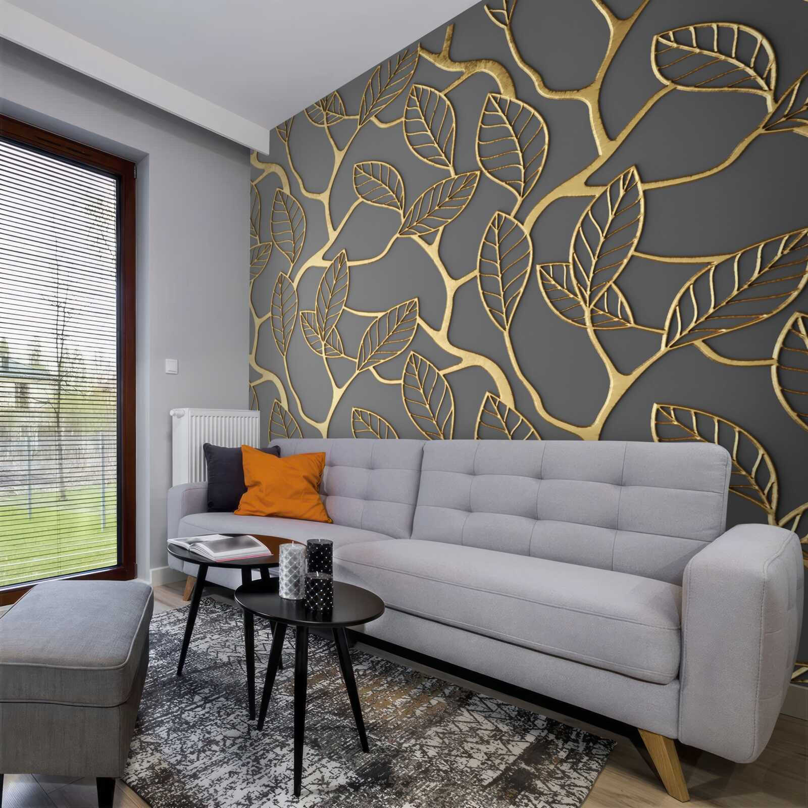 Papier peint des branches et des feuilles de couleur dorée