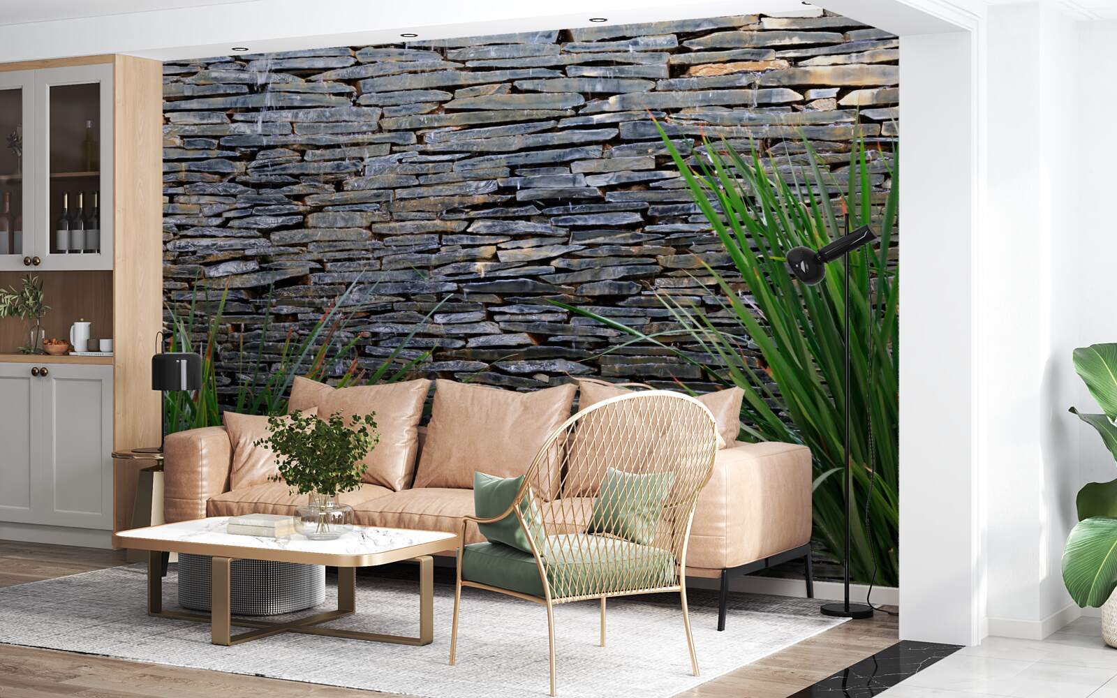 Papier peint végétation verte et mur de pierres