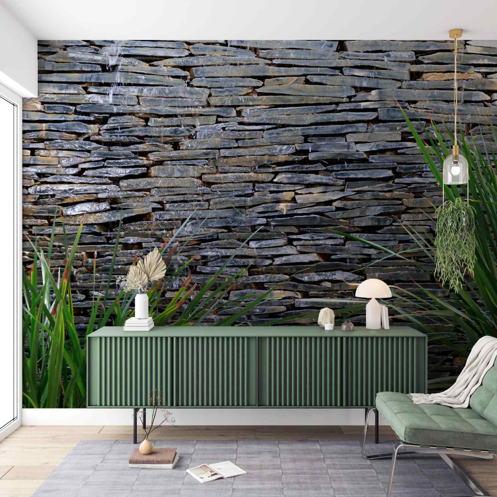 Papier peint végétation verte et mur de pierres