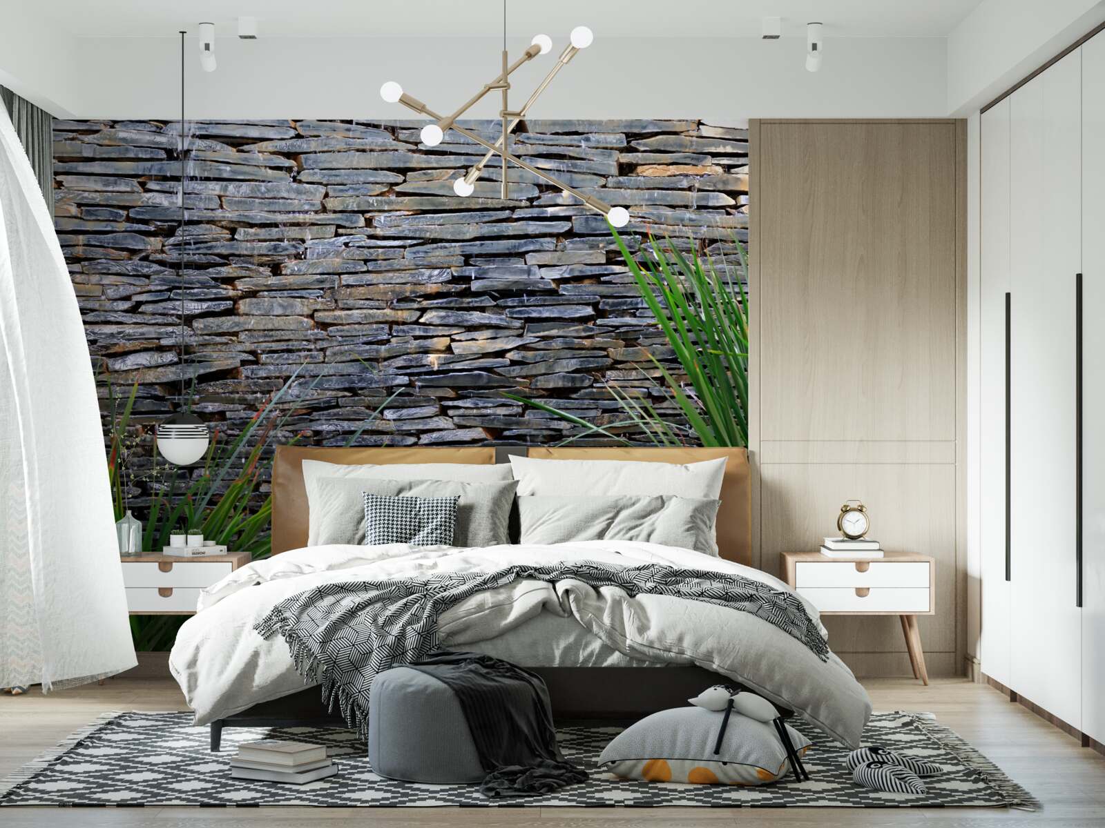 Papier peint végétation verte et mur de pierres