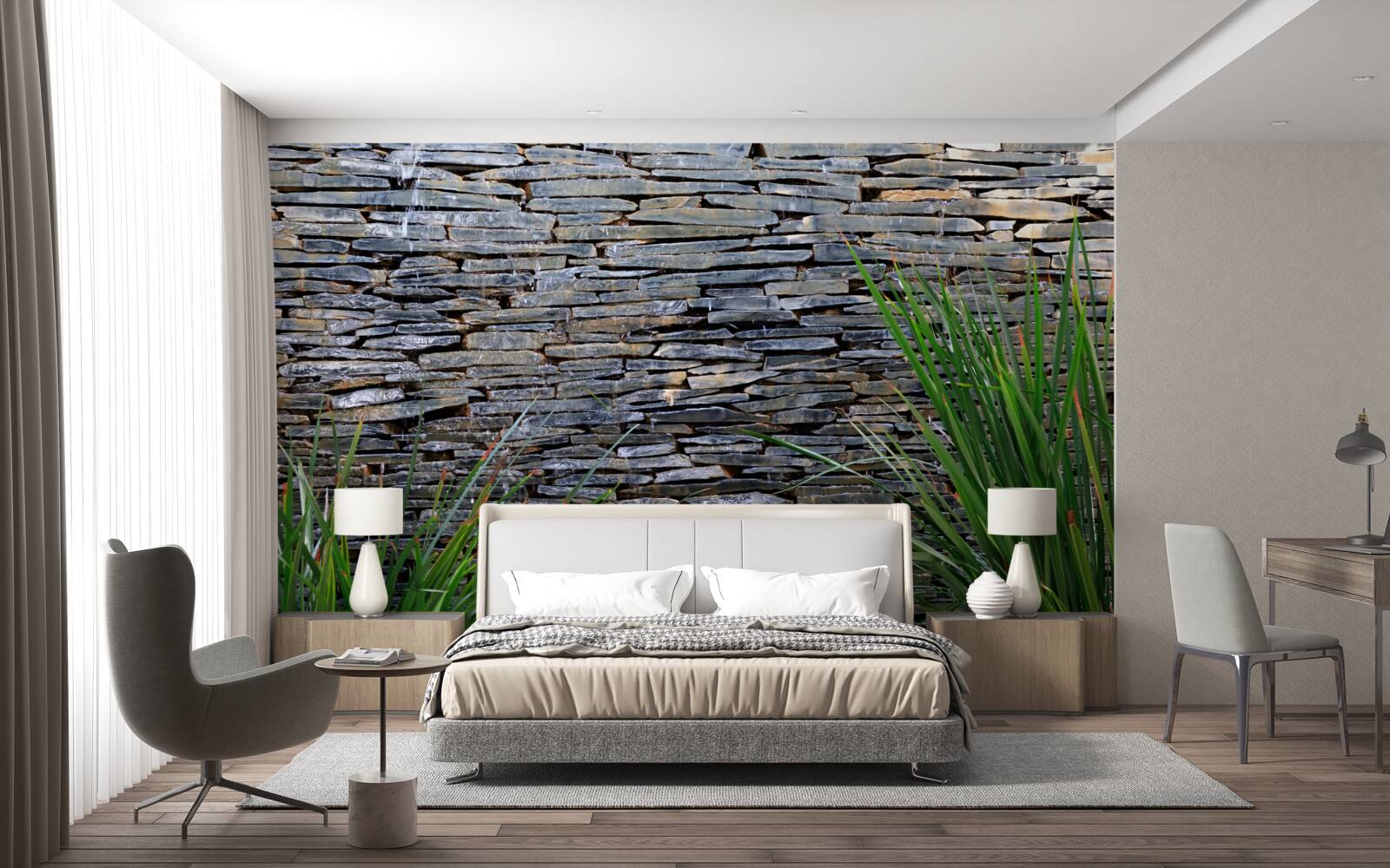 Papier peint végétation verte et mur de pierres