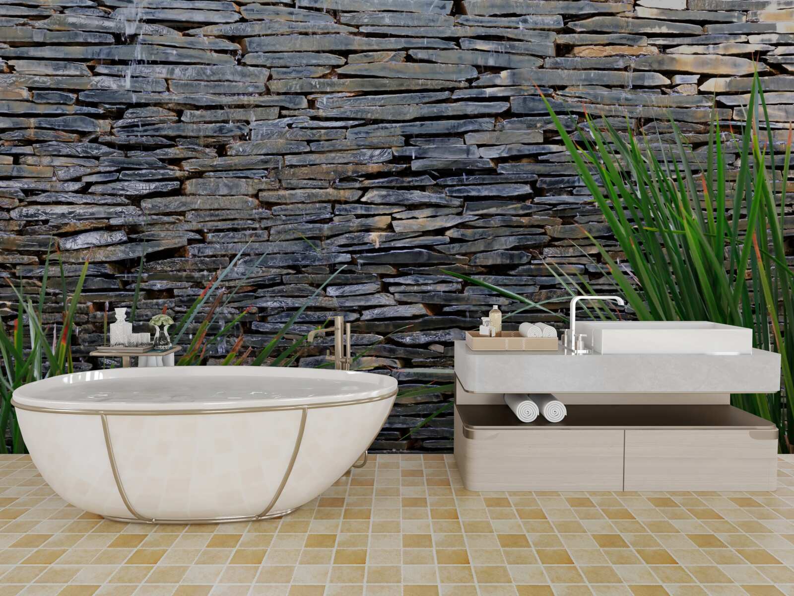 Papier peint végétation verte et mur de pierres