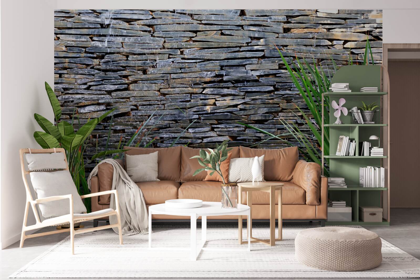 Papier peint végétation verte et mur de pierres