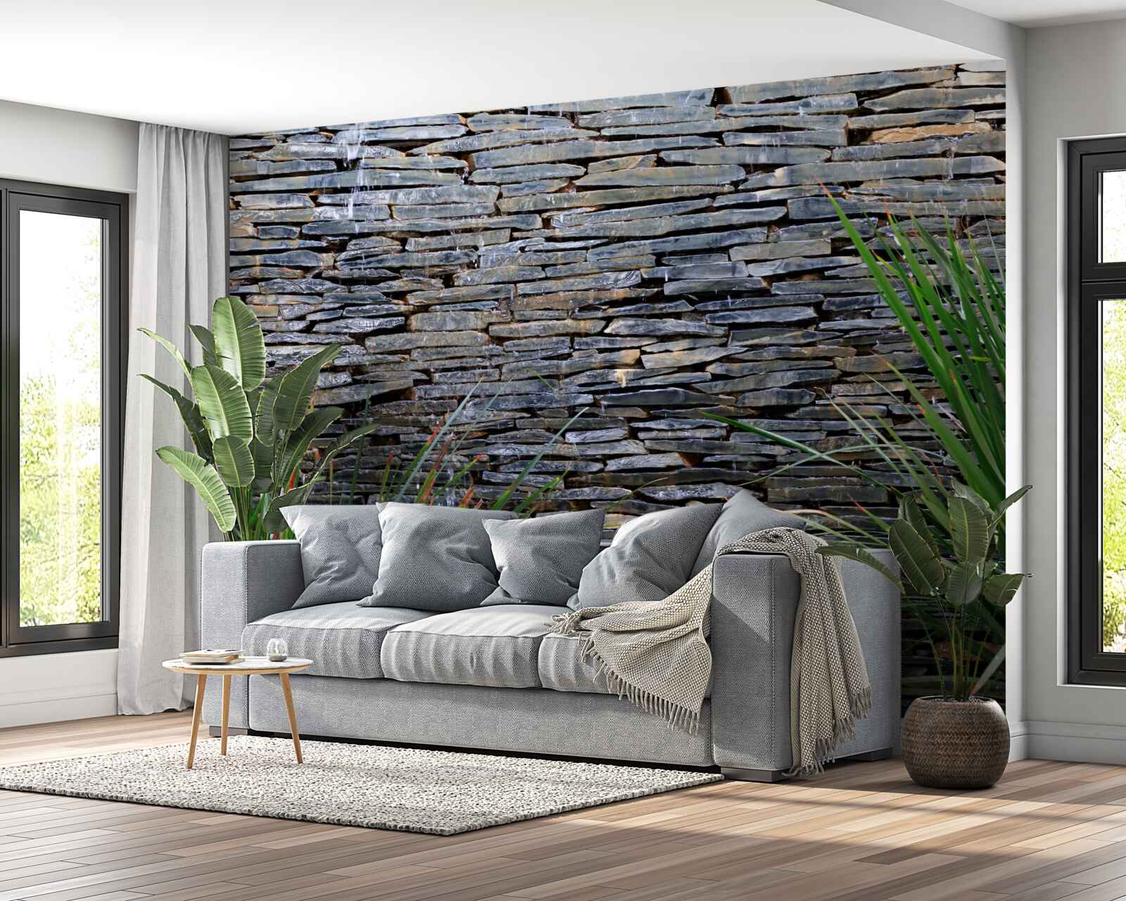 Papier peint végétation verte et mur de pierres