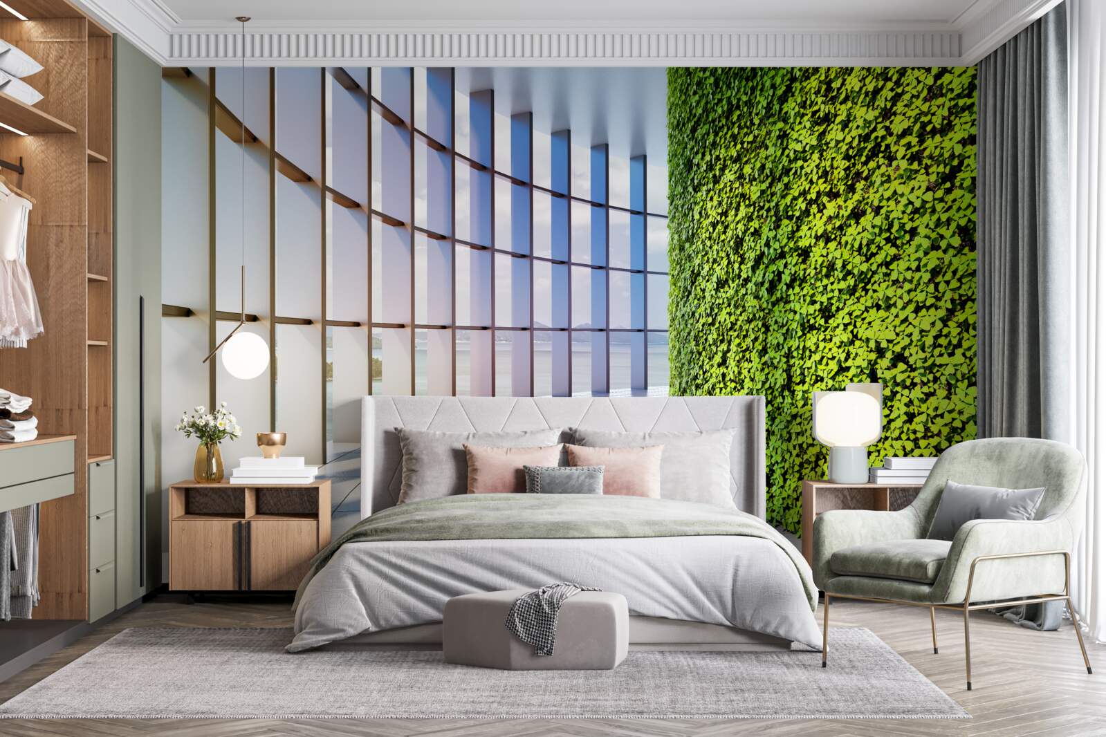 Papier peint immeuble de bureaux avec mur végétal