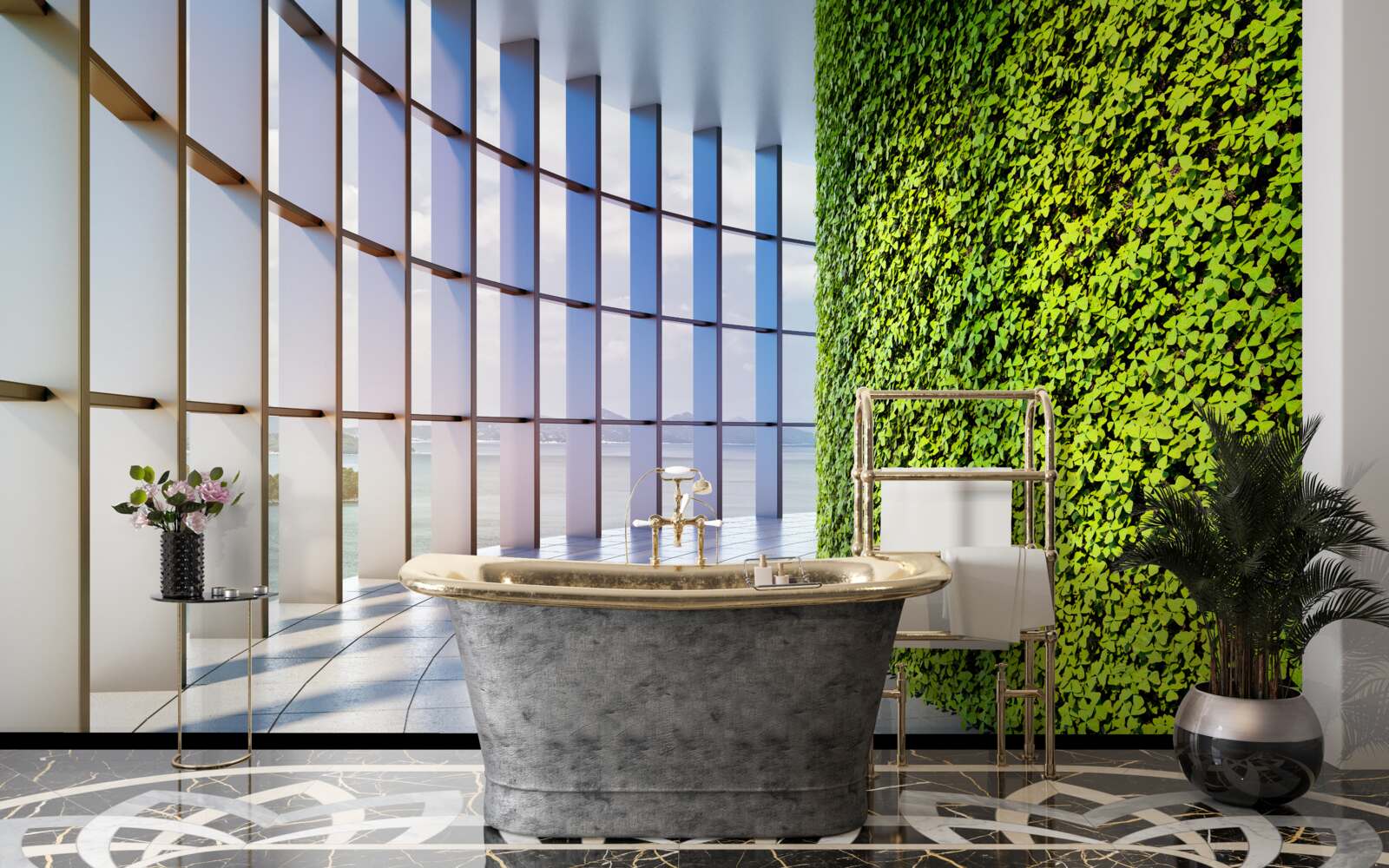 Papier peint immeuble de bureaux avec mur végétal