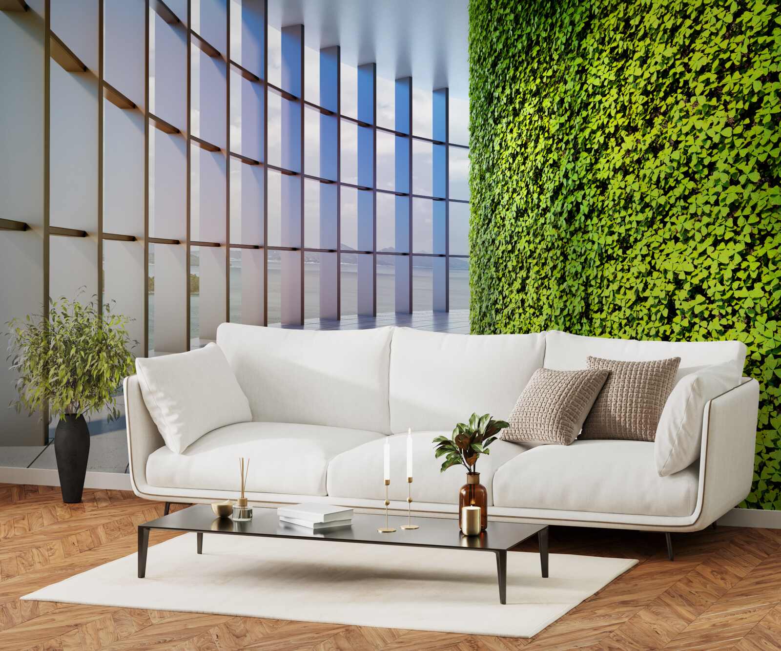 Papier peint immeuble de bureaux avec mur végétal