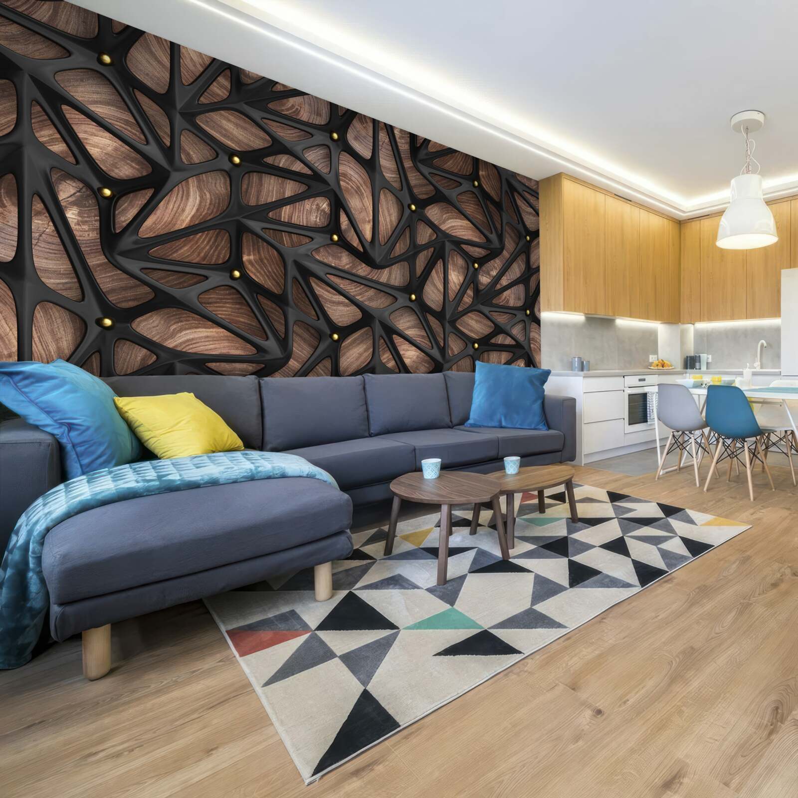 Papier peint le fond en bois est décoré d'un motif noir