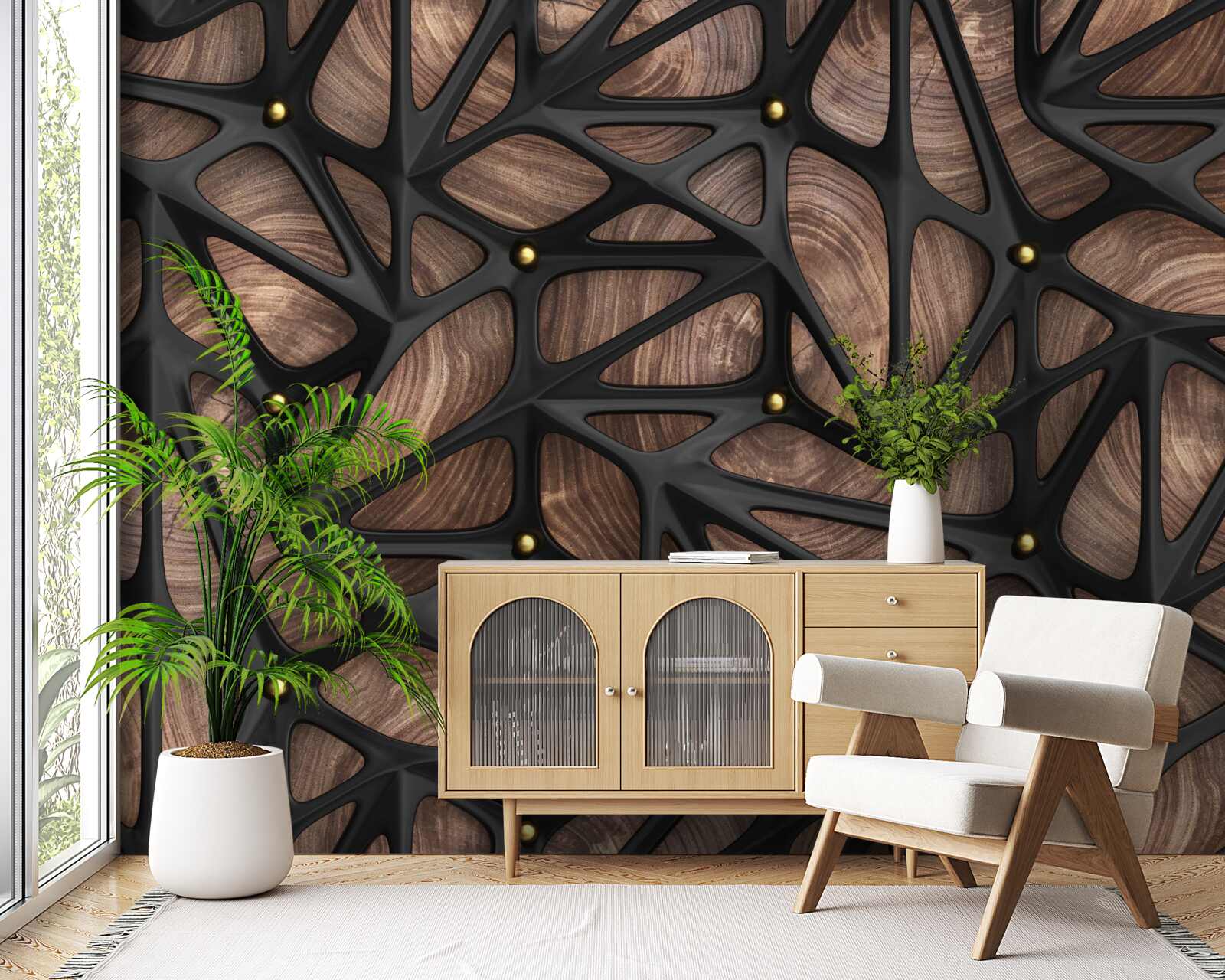 Papier peint le fond en bois est décoré d'un motif noir