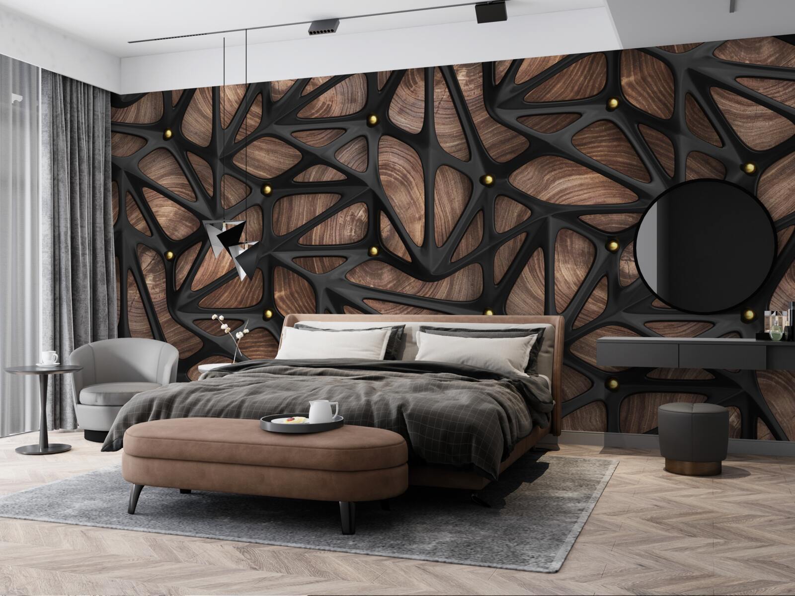 Papier peint le fond en bois est décoré d'un motif noir