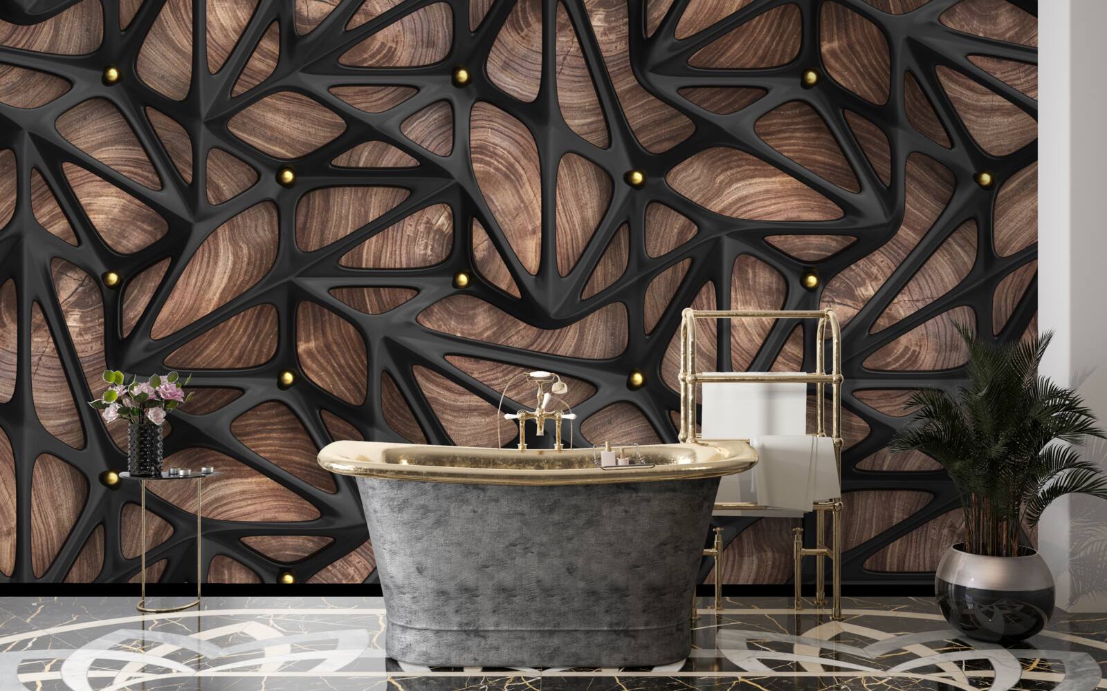 Papier peint le fond en bois est décoré d'un motif noir