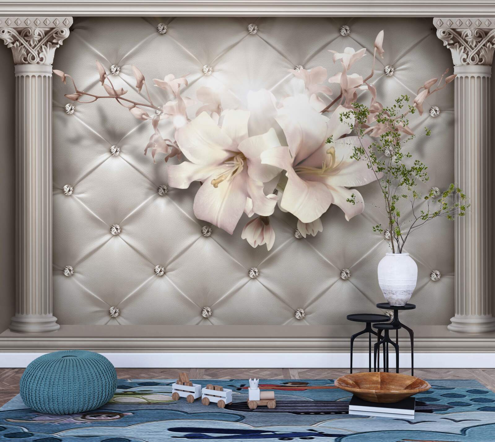 Papier peint de grands lys blancs comme neige décorant le mur