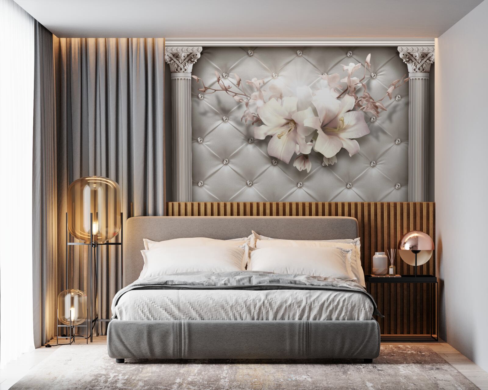 Papier peint de grands lys blancs comme neige décorant le mur