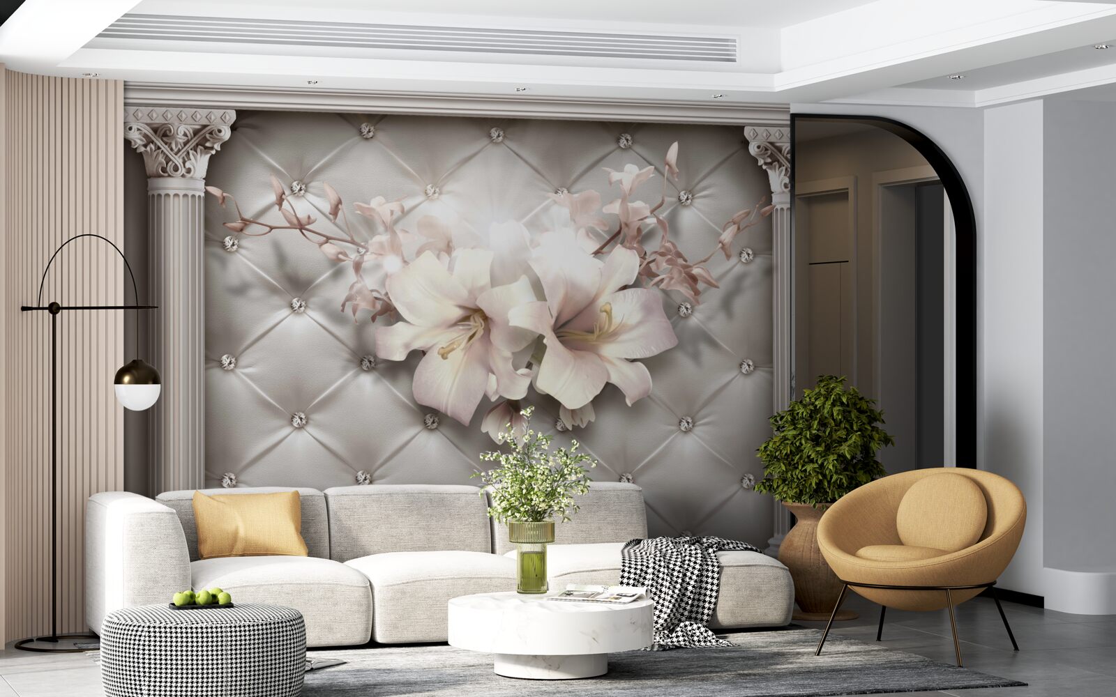 Papier peint de grands lys blancs comme neige décorant le mur