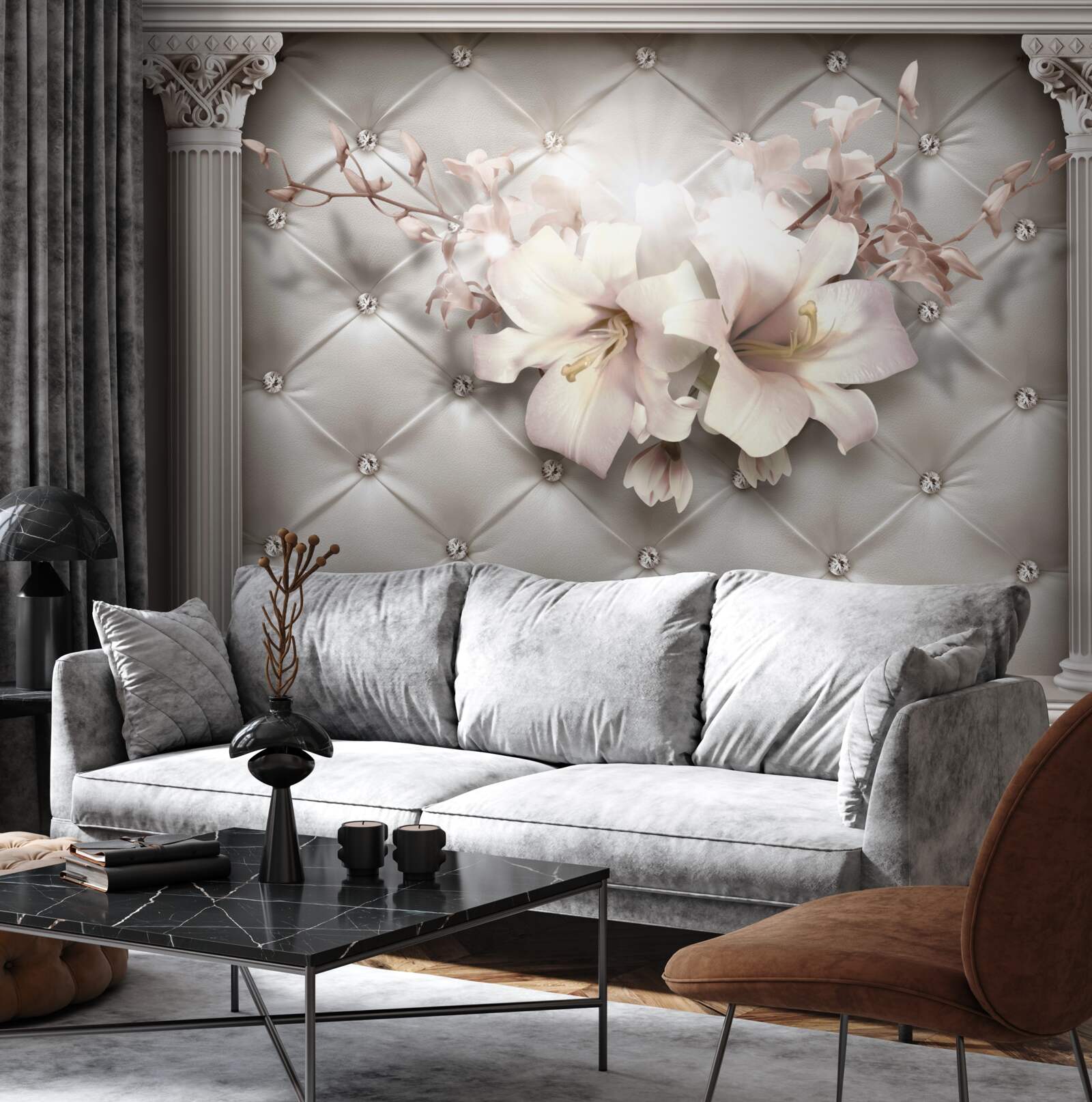 Papier peint de grands lys blancs comme neige décorant le mur