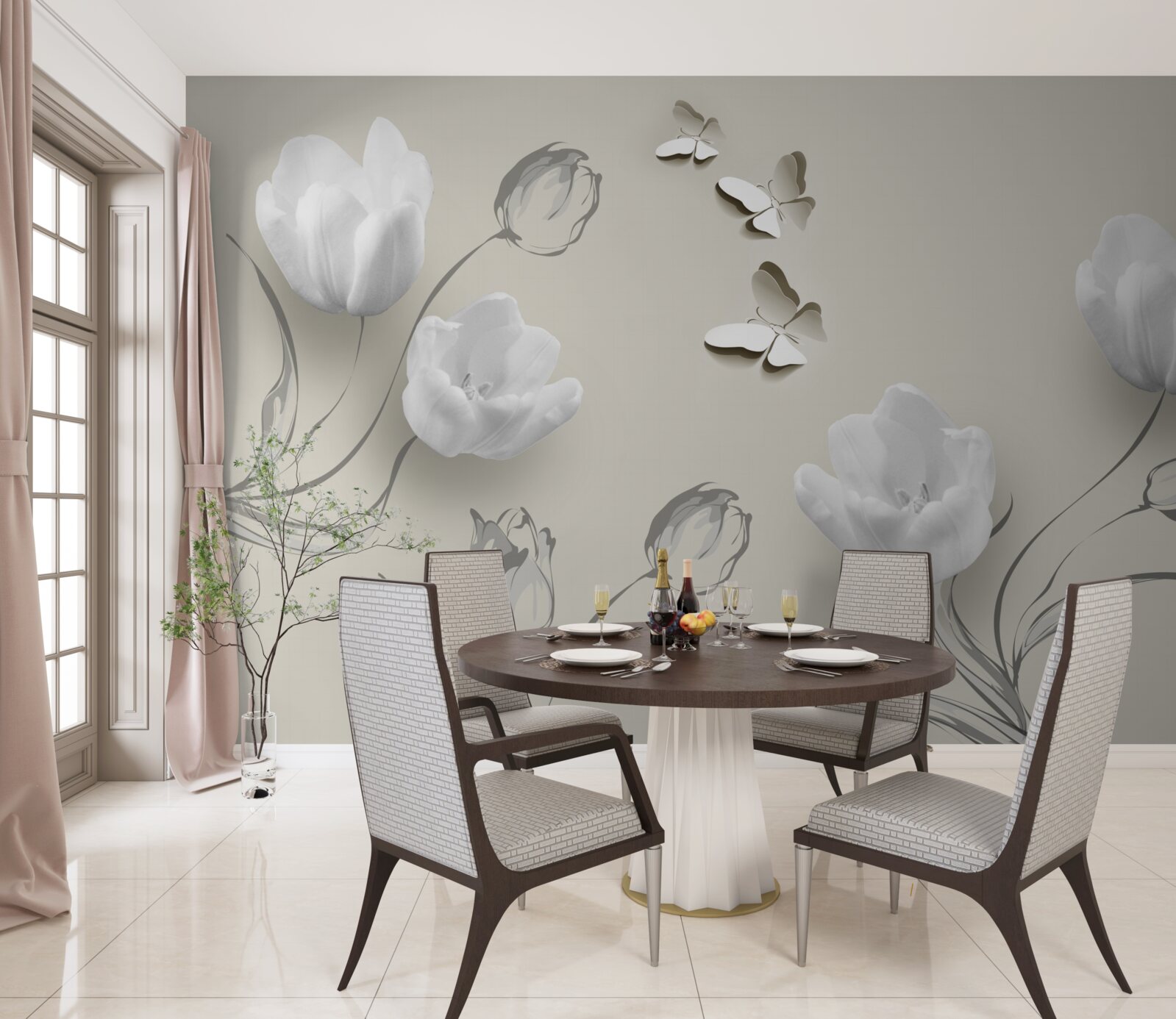 Papier peint tulipes et papillons d'argent pur à proximité