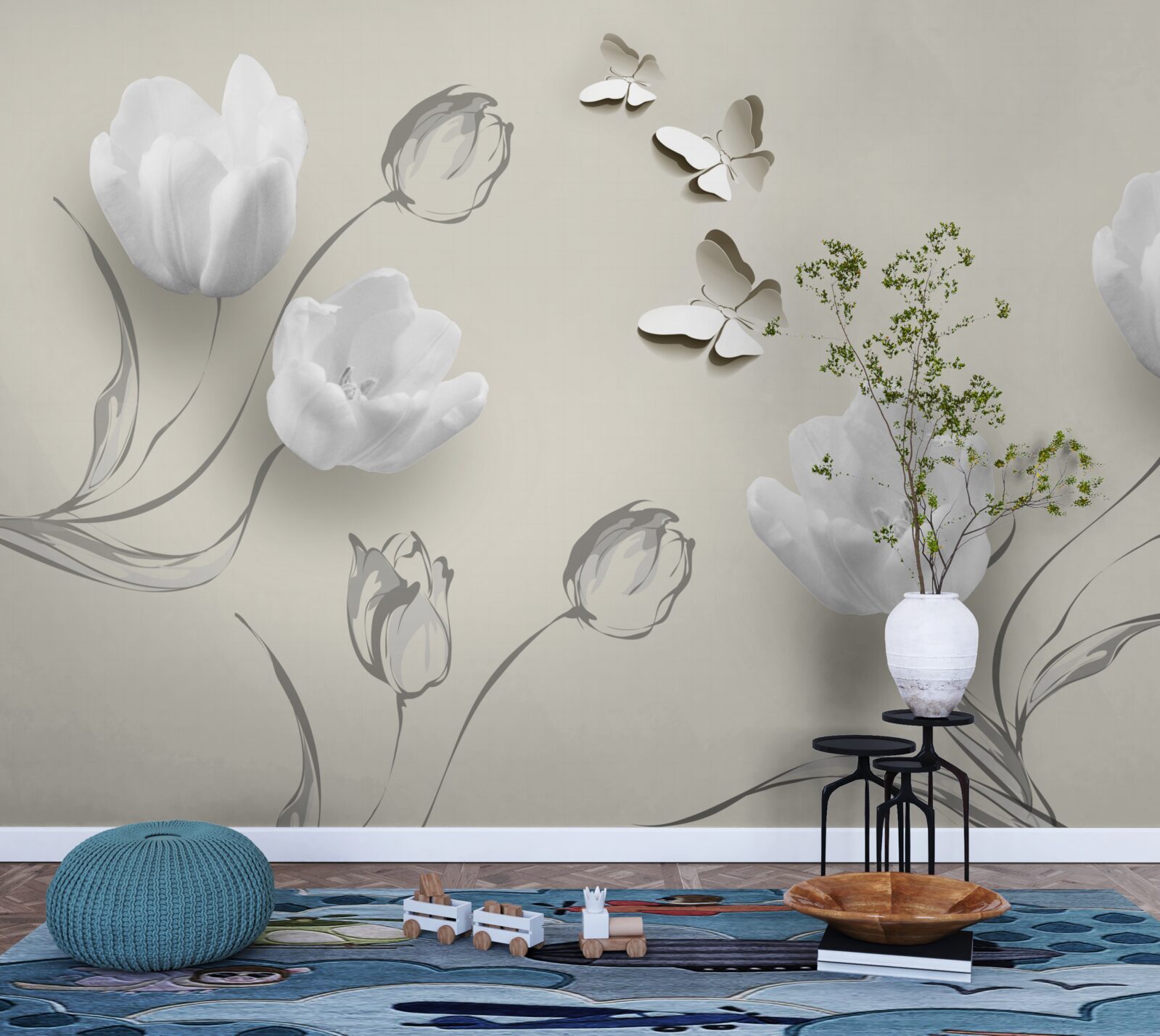 Papier peint tulipes et papillons d'argent pur à proximité