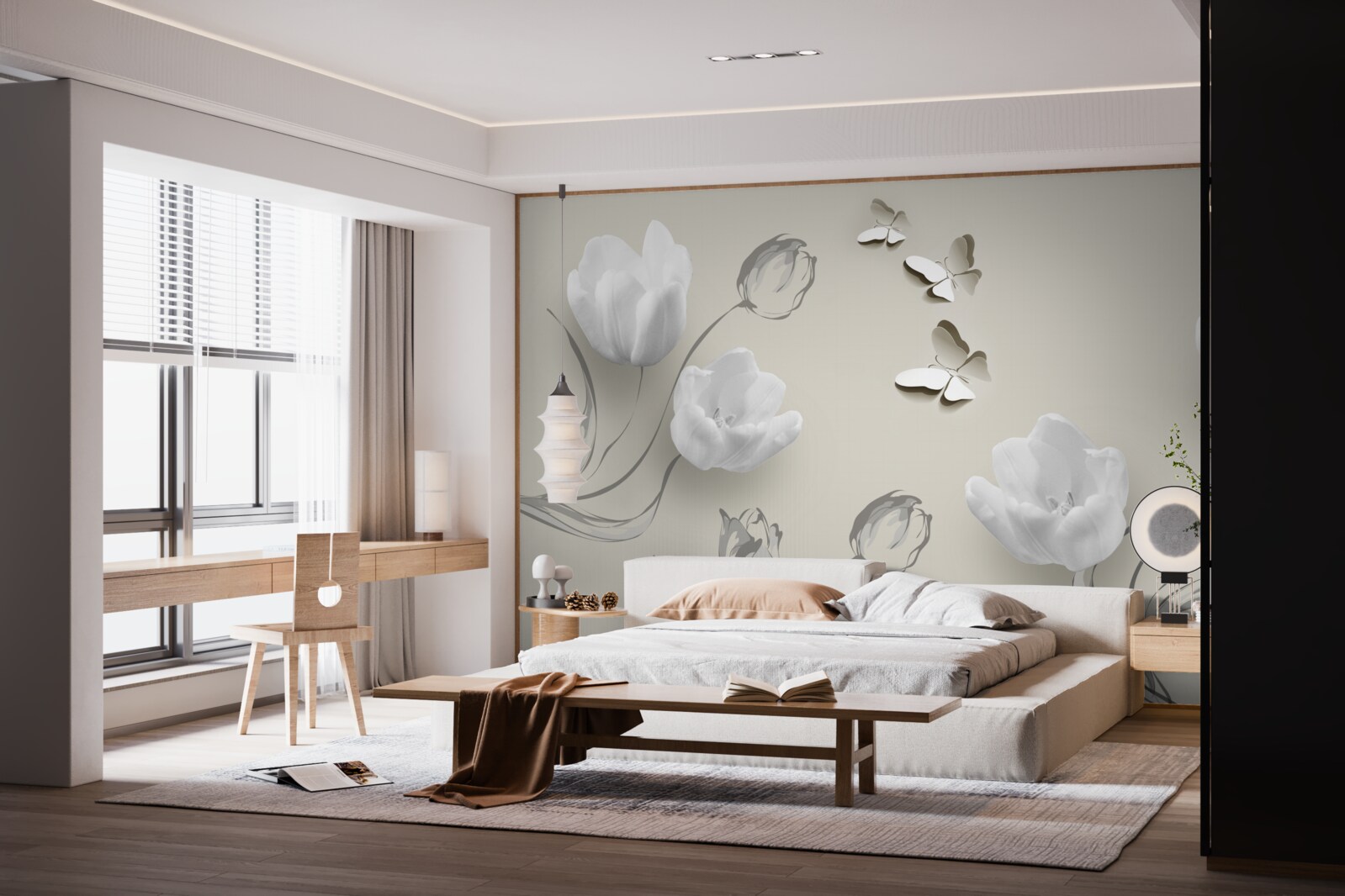 Papier peint tulipes et papillons d'argent pur à proximité