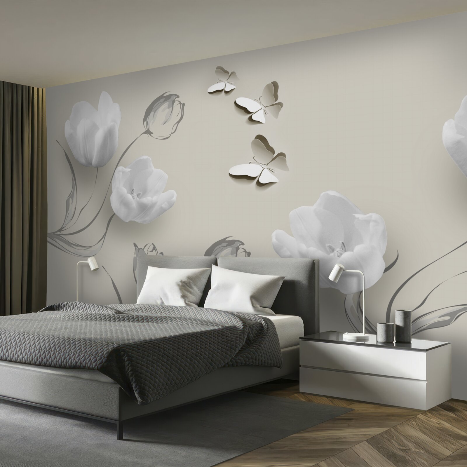 Papier peint tulipes et papillons d'argent pur à proximité