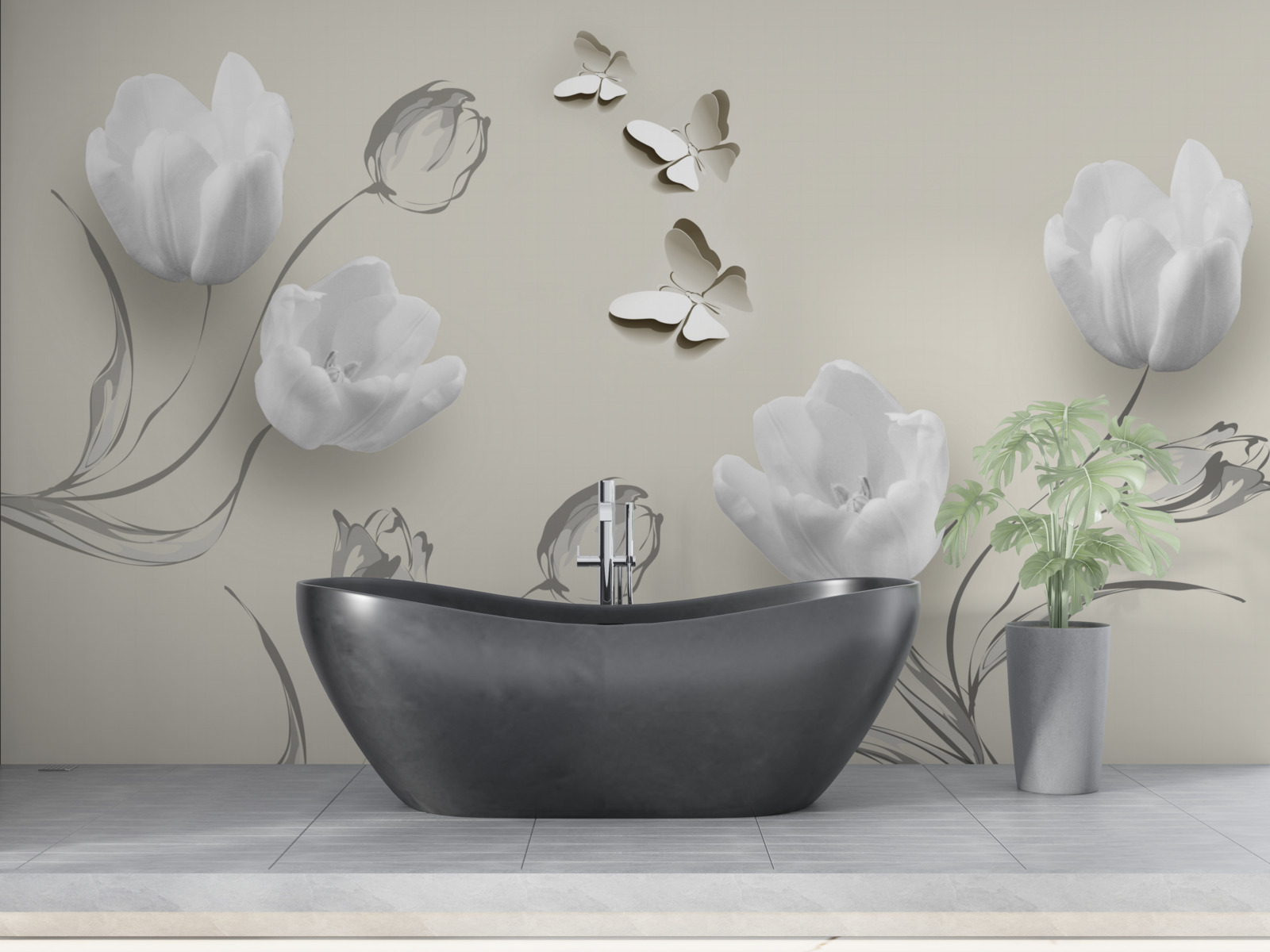 Papier peint tulipes et papillons d'argent pur à proximité