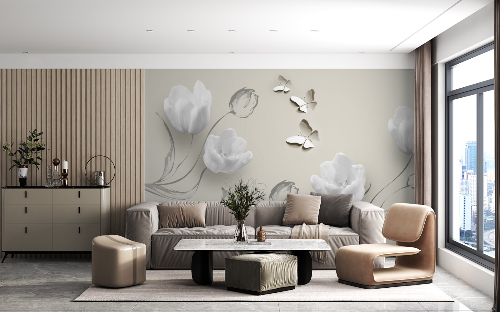 Papier peint tulipes et papillons d'argent pur à proximité