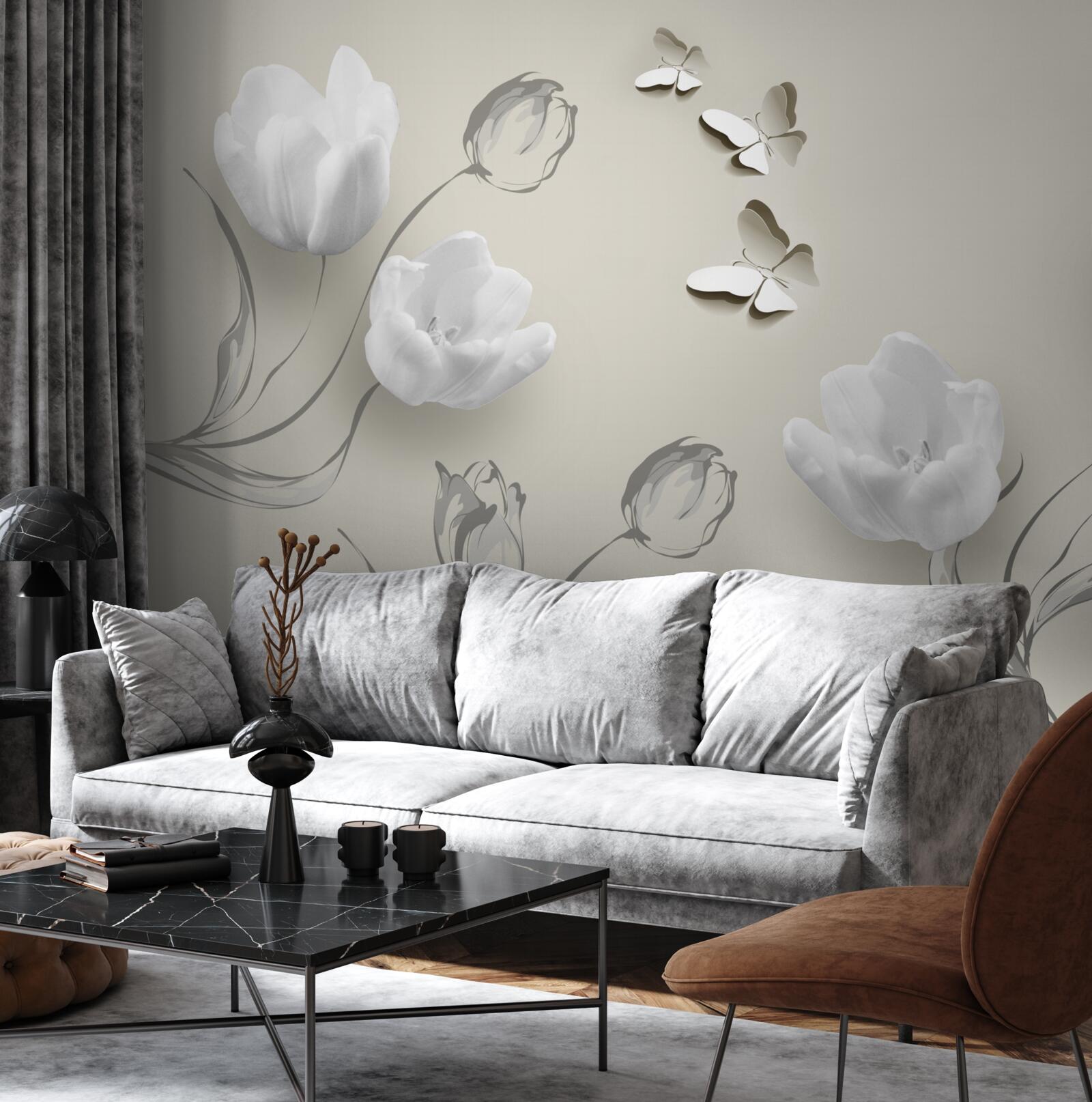 Papier peint tulipes et papillons d'argent pur à proximité