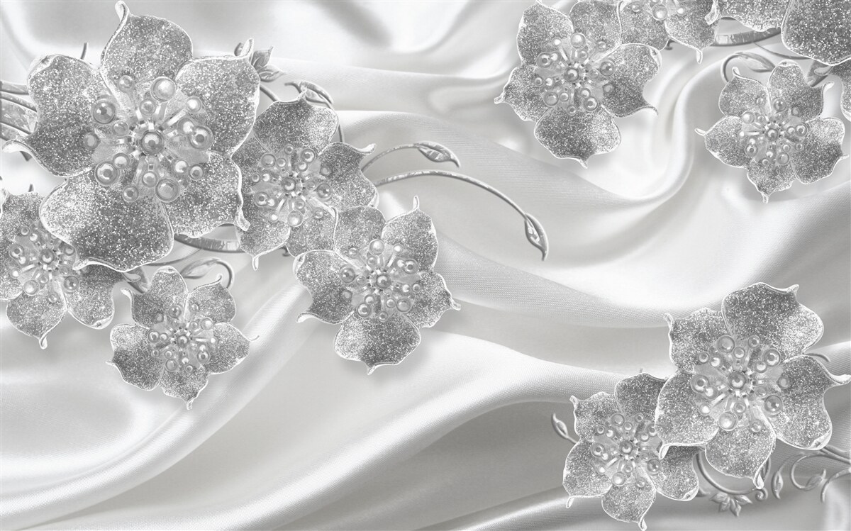 Papier peint tissu de satin blanc avec fleurs grises