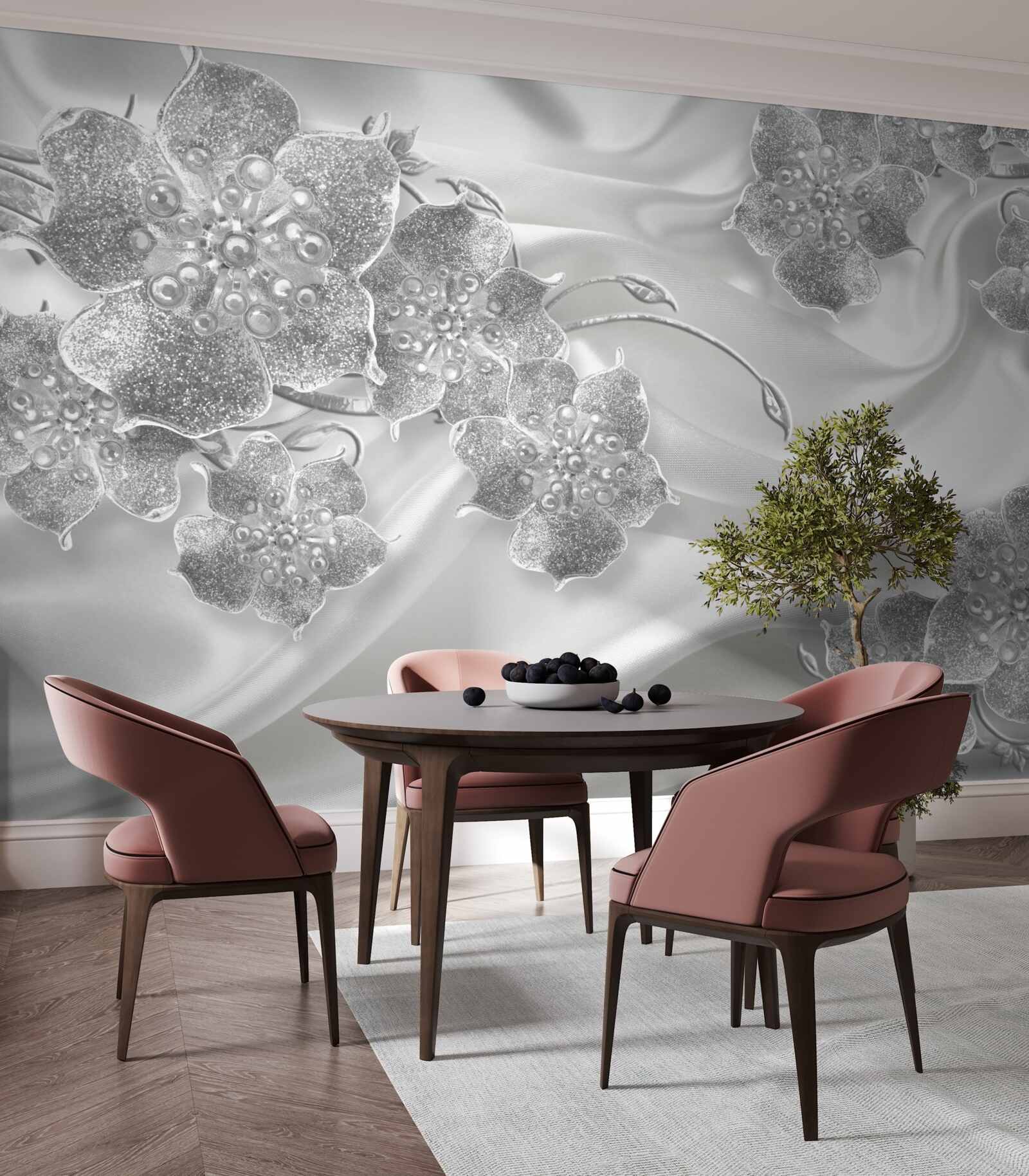 Papier peint tissu de satin blanc avec fleurs grises