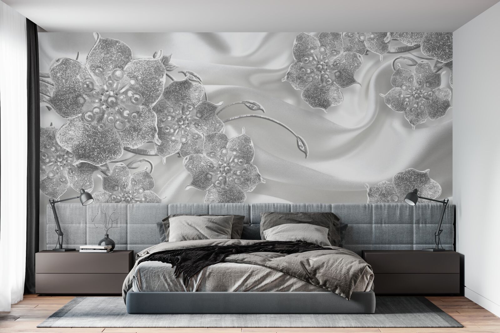 Papier peint tissu de satin blanc avec fleurs grises