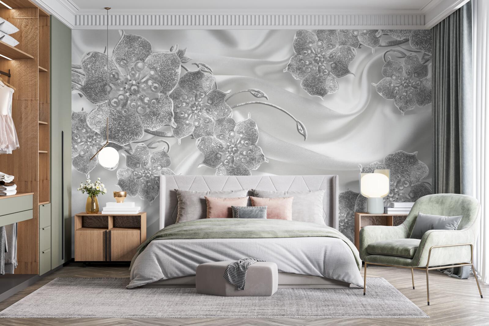 Papier peint tissu de satin blanc avec fleurs grises