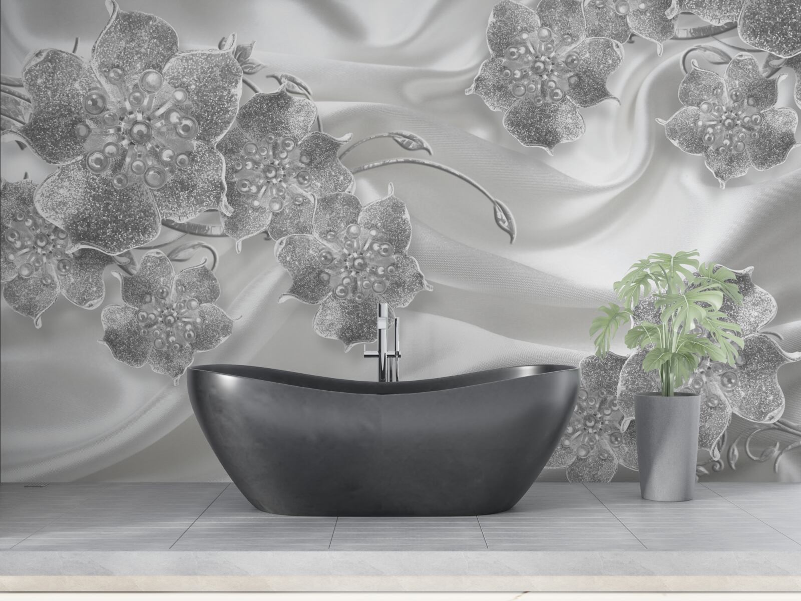 Papier peint tissu de satin blanc avec fleurs grises